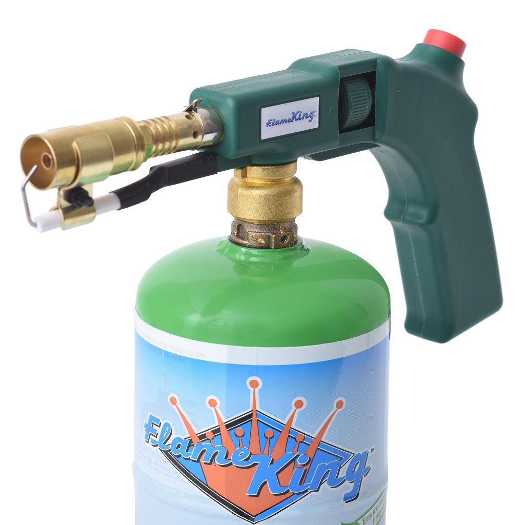 Flame King propane searing torch with electric start and comfort handle, used for cooking, grilling, and weed burning.