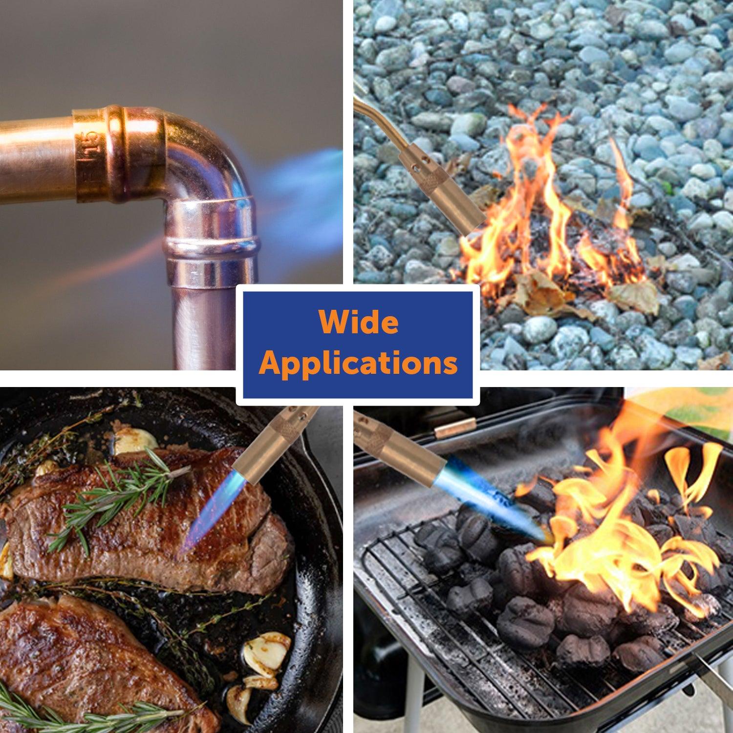 Flame King propane searing torch with electric start and comfort handle, ideal for culinary flames and outdoor weed burning.