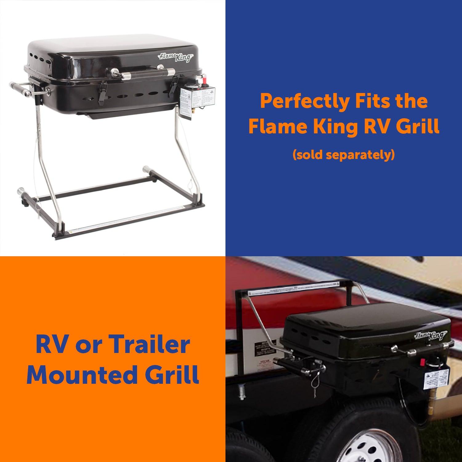 Flame King RV camper trailer mounting rack for securely holding a Flame King propane portable grill or griddle.