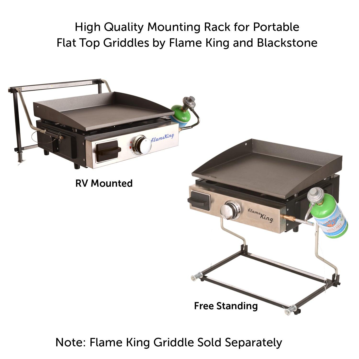 Flame King RV trailer mounting rack designed for Flame King propane portable grill or griddle, showcasing sturdy construction.
