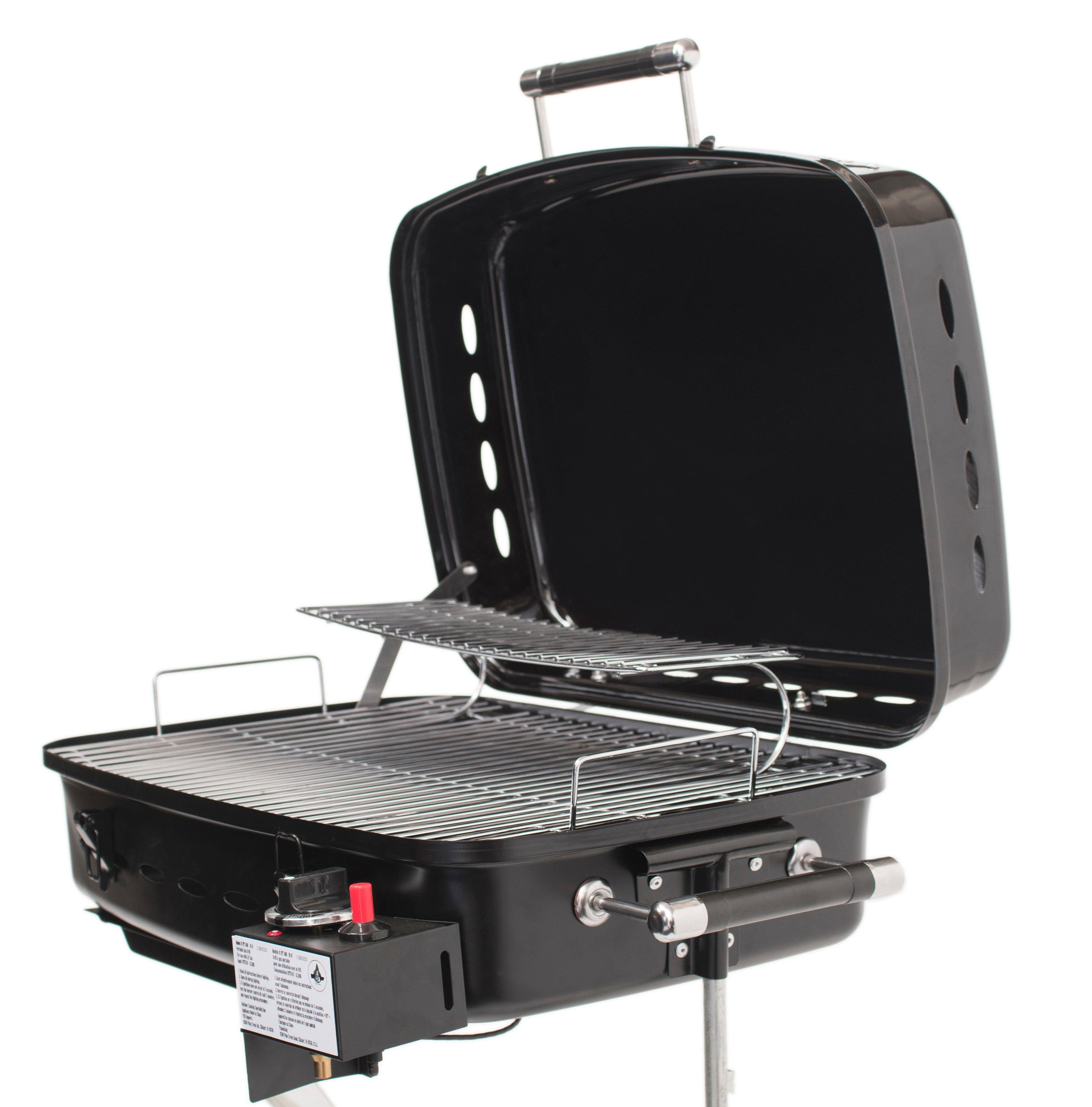 Flame King RV trailer mounted grill BBQ with carry bag, showcasing portable design and grilling features for outdoor cooking.