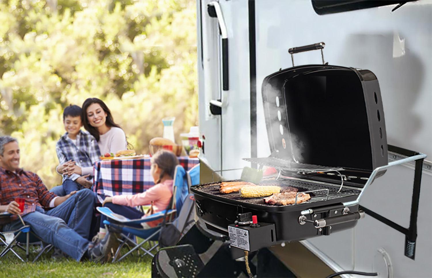 Flame King RV trailer mounted grill BBQ with carry bag, showcasing a compact design for outdoor cooking adventures.