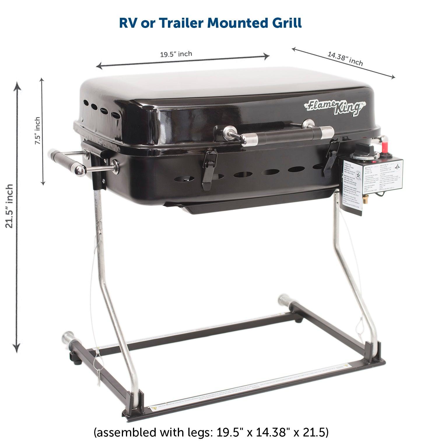 Flame King RV trailer mounted grill BBQ with carry bag, showcasing compact design and portable features for outdoor cooking.