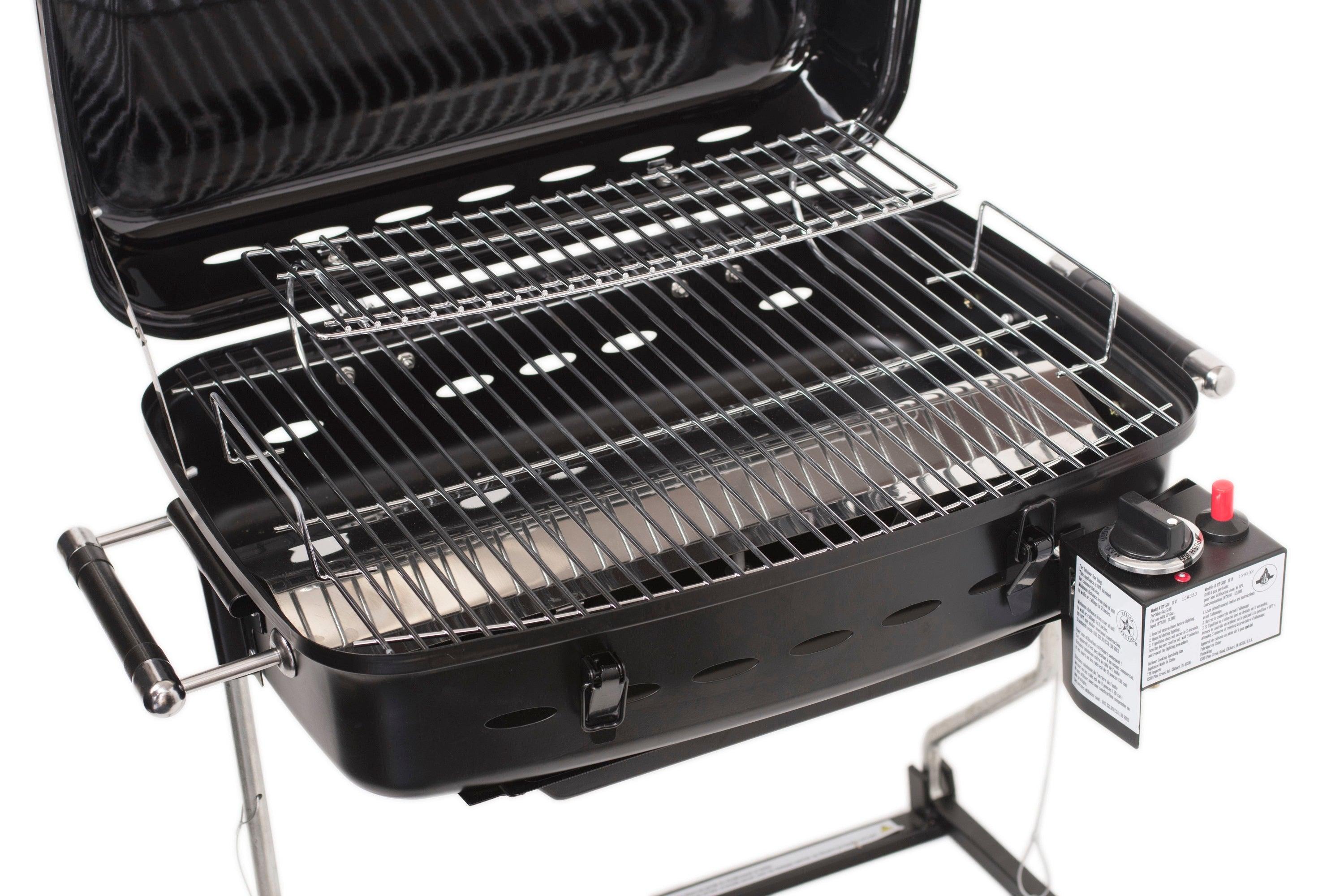 Flame King RV trailer mounted grill BBQ with carry bag, showcasing compact design and portable features for outdoor cooking.