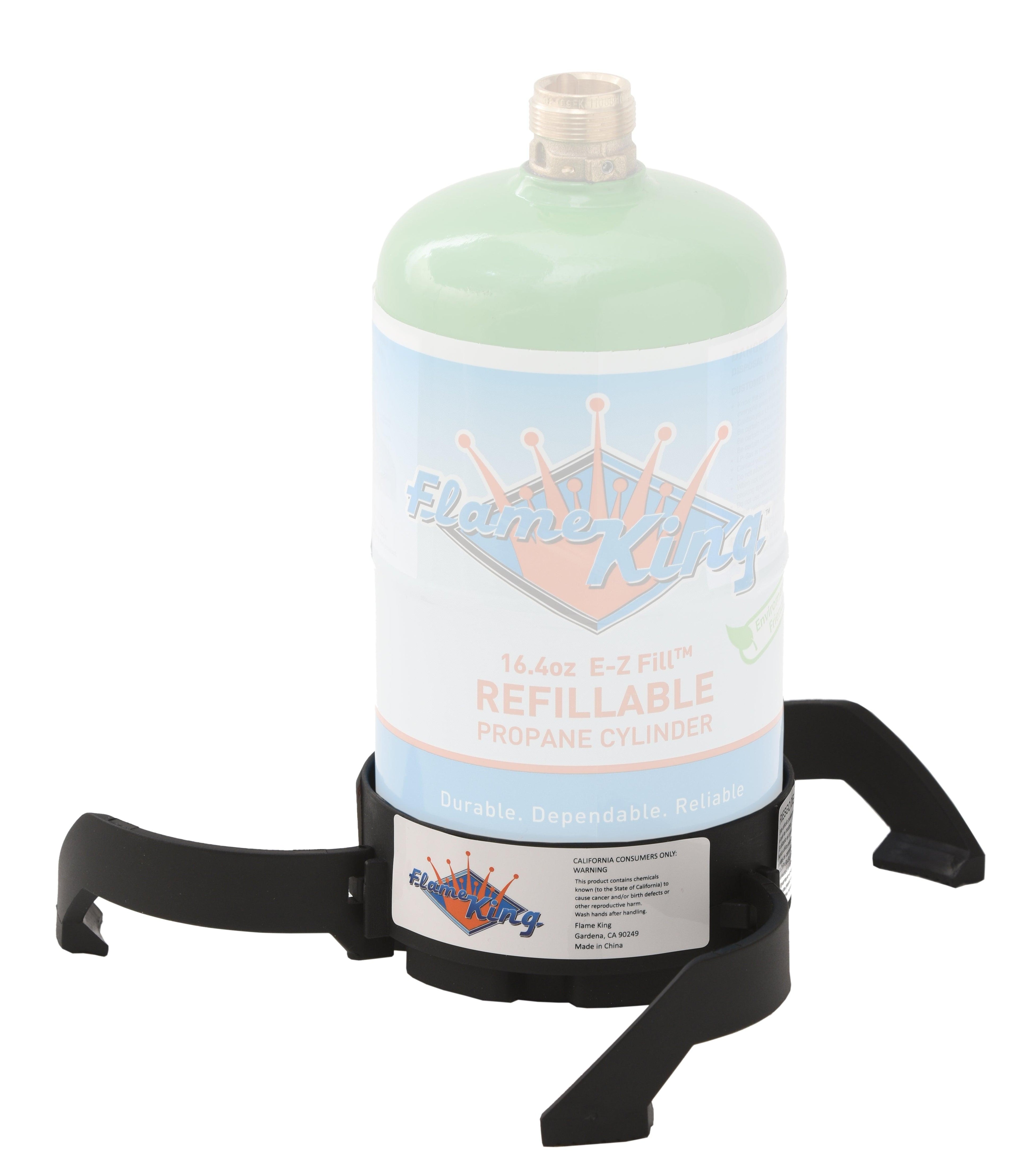 Flame King Spider Base supporting a 1lb propane cylinder, ideal for camping stability and safety.
