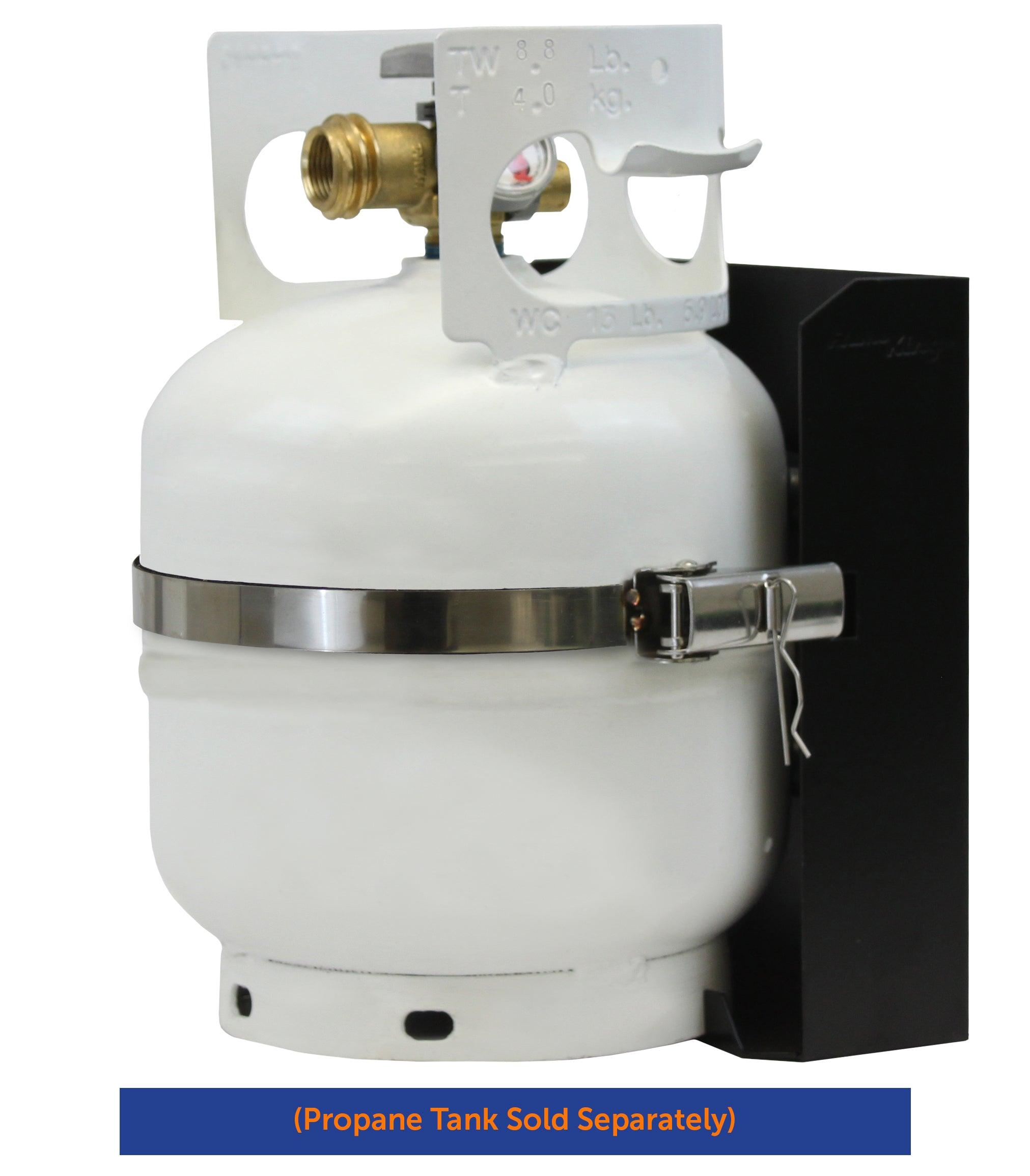 Flame King T-Racks 5lb propane tank mounting brackets and strap for campervan and overland vehicle use.
