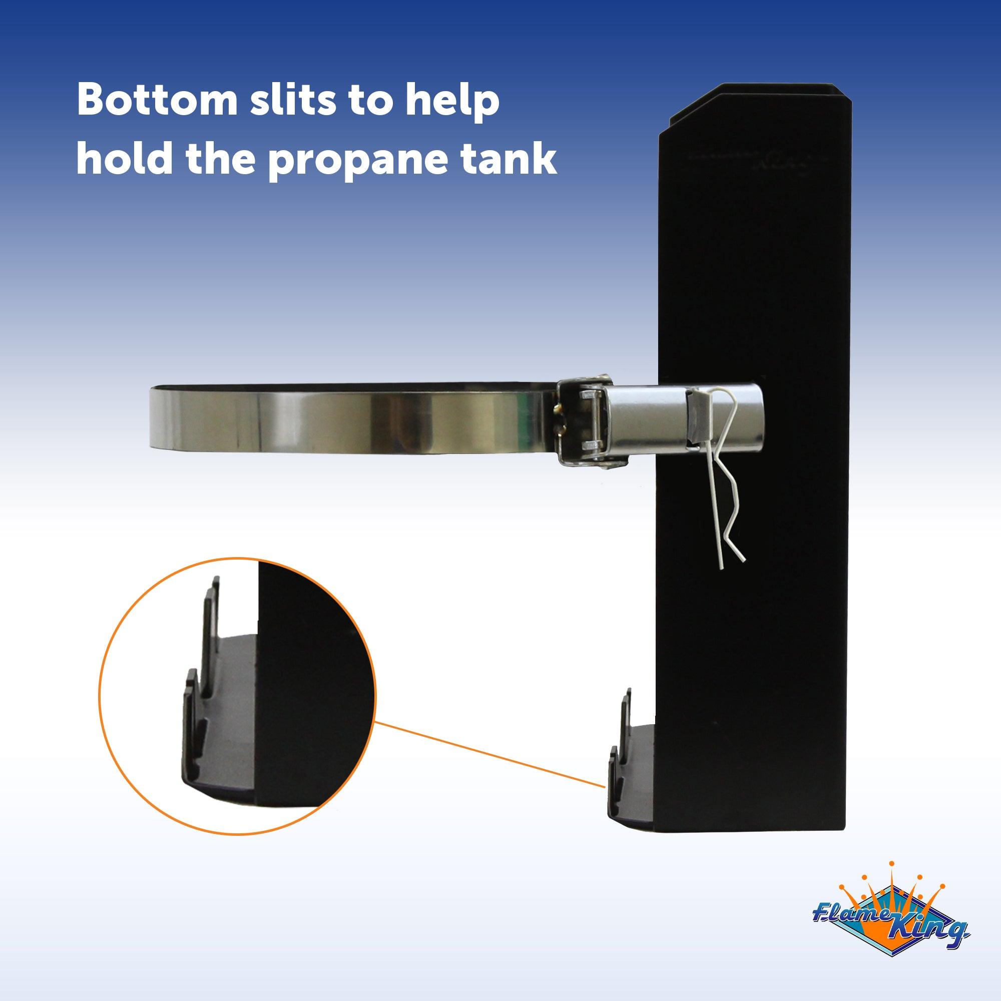 Flame King T-Racks 5lb propane tank mounting brackets and strap for campervans and overland vehicles.
