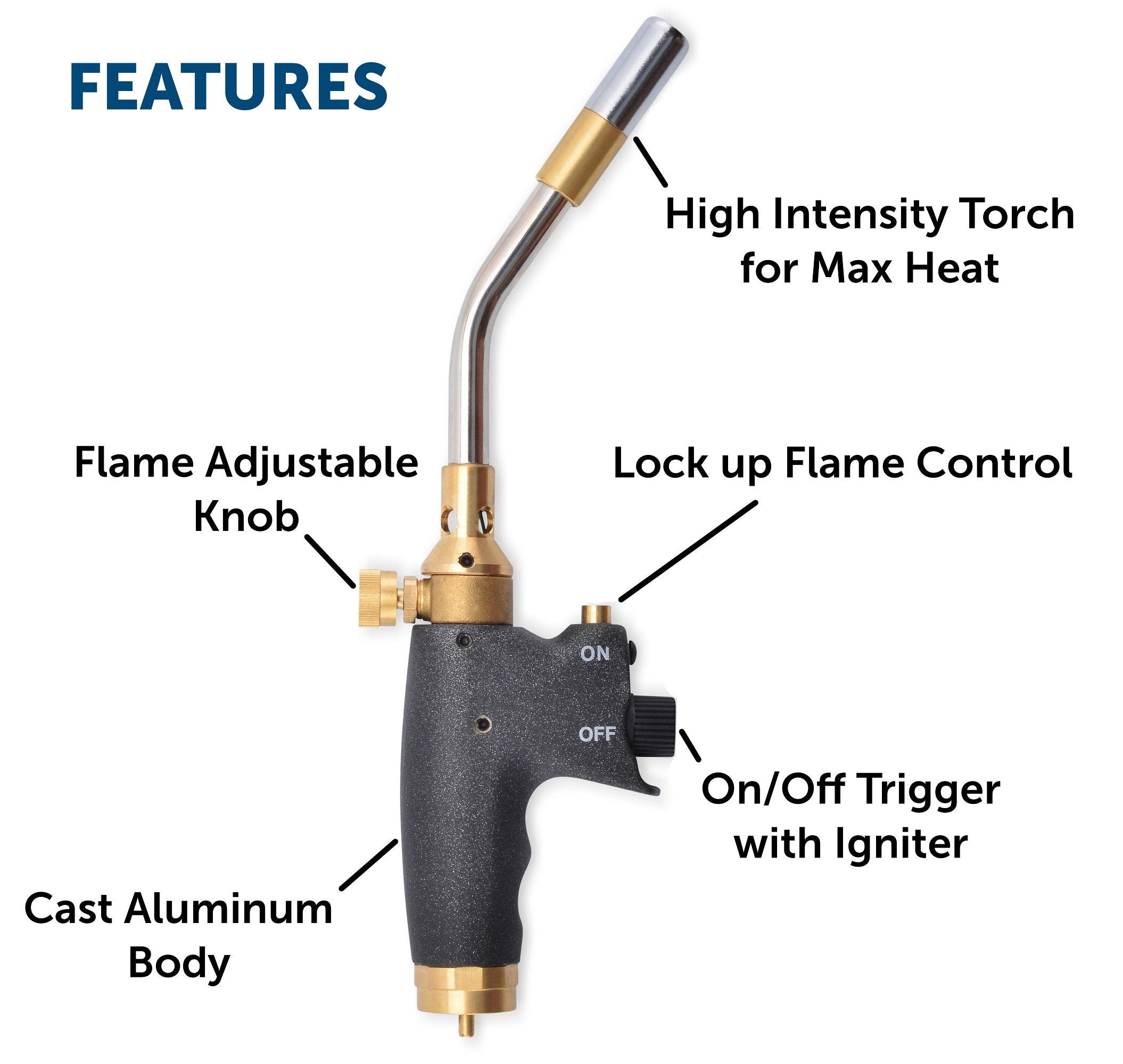 Flame King professional auto-ignition propane torch head with adjustable flame for welding and weed burning tasks.