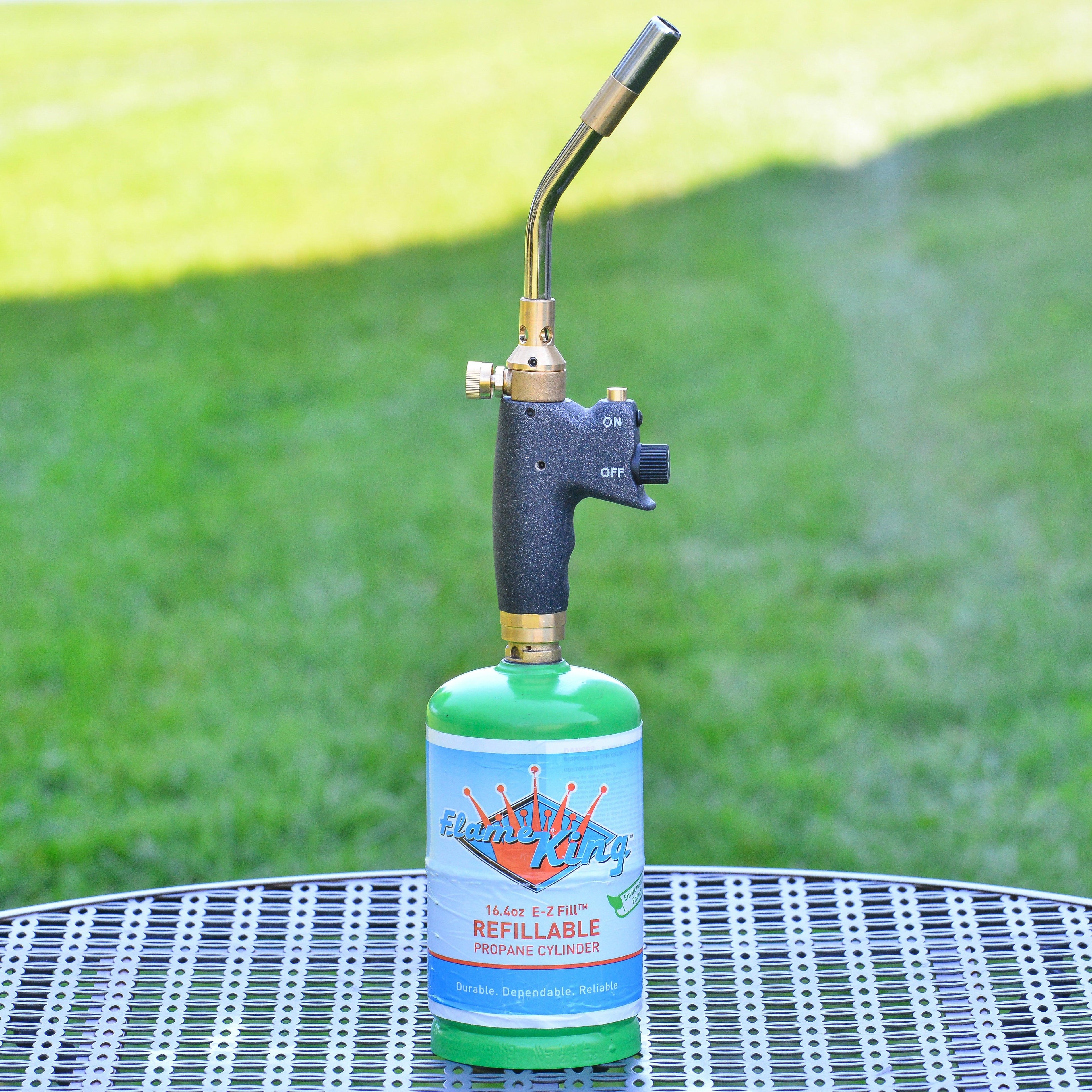Flame King professional propane torch head with auto-ignition, designed for welding and weed burning applications.