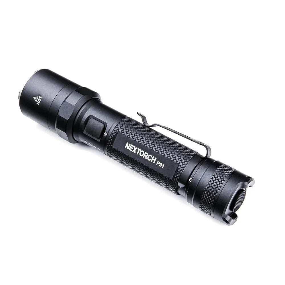 SFT2 Tactical P91 Dual Switch Flashlight with a sleek design, showcasing its powerful 5000 lumens brightness.
