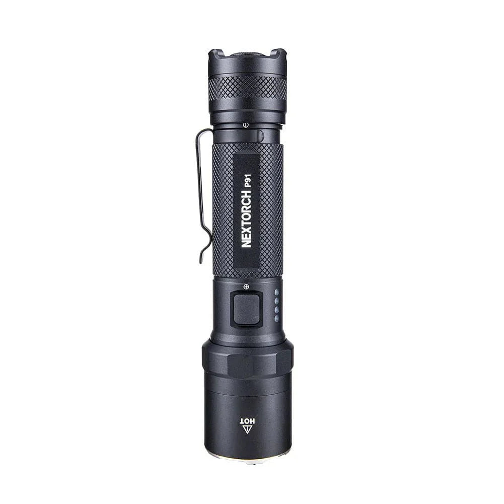 SFT2 Tactical P91 dual switch flashlight with mounted design, showcasing bright 5000 lumens output.