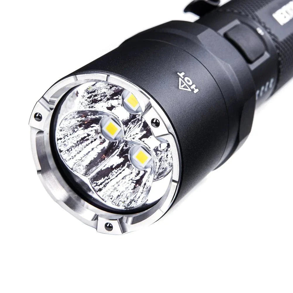 SFT2 Tactical P91 dual switch flashlight with a sleek design, showcasing bright 5000 lumens and mounted light features.