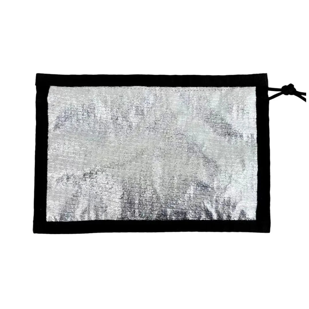 Flat EDC pouch in silver and black, made of firehose material, featuring a zippered closure by Recycled Firefighter.