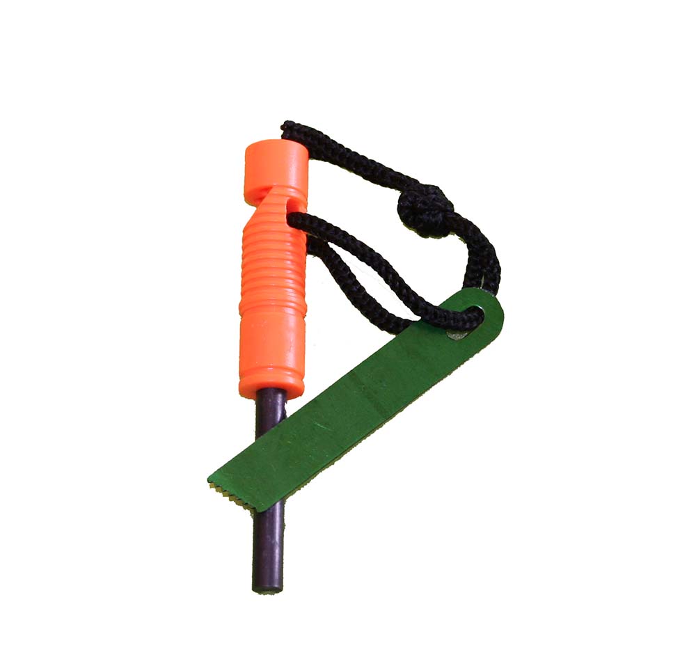 All-weather ferro rod fire starter with striker by Quakekits.com, compact tool for emergency fire starting in outdoor conditions.