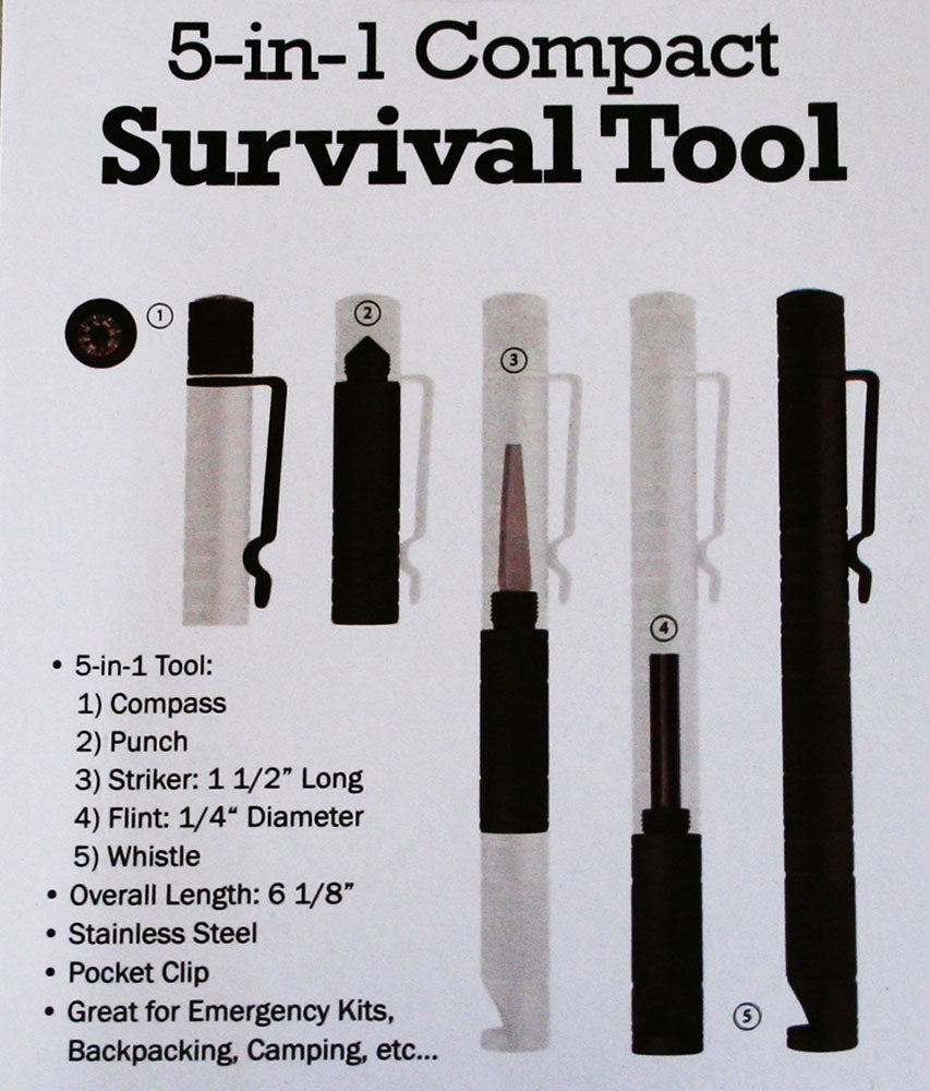 Compact 5-in-1 survival tool featuring a flint striker, compass, emergency blade, and tactical pen for outdoor use.