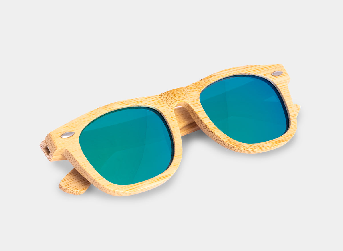 Bamboo floating sunglasses by Eastern Outer with natural bamboo frames and polarized lenses, designed for water activities.