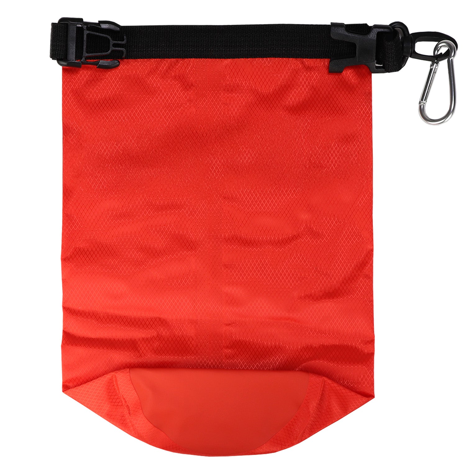 Red mini personal dry bag with fold-top closure and carabiner from quakekits.com, designed for outdoor and water activities.