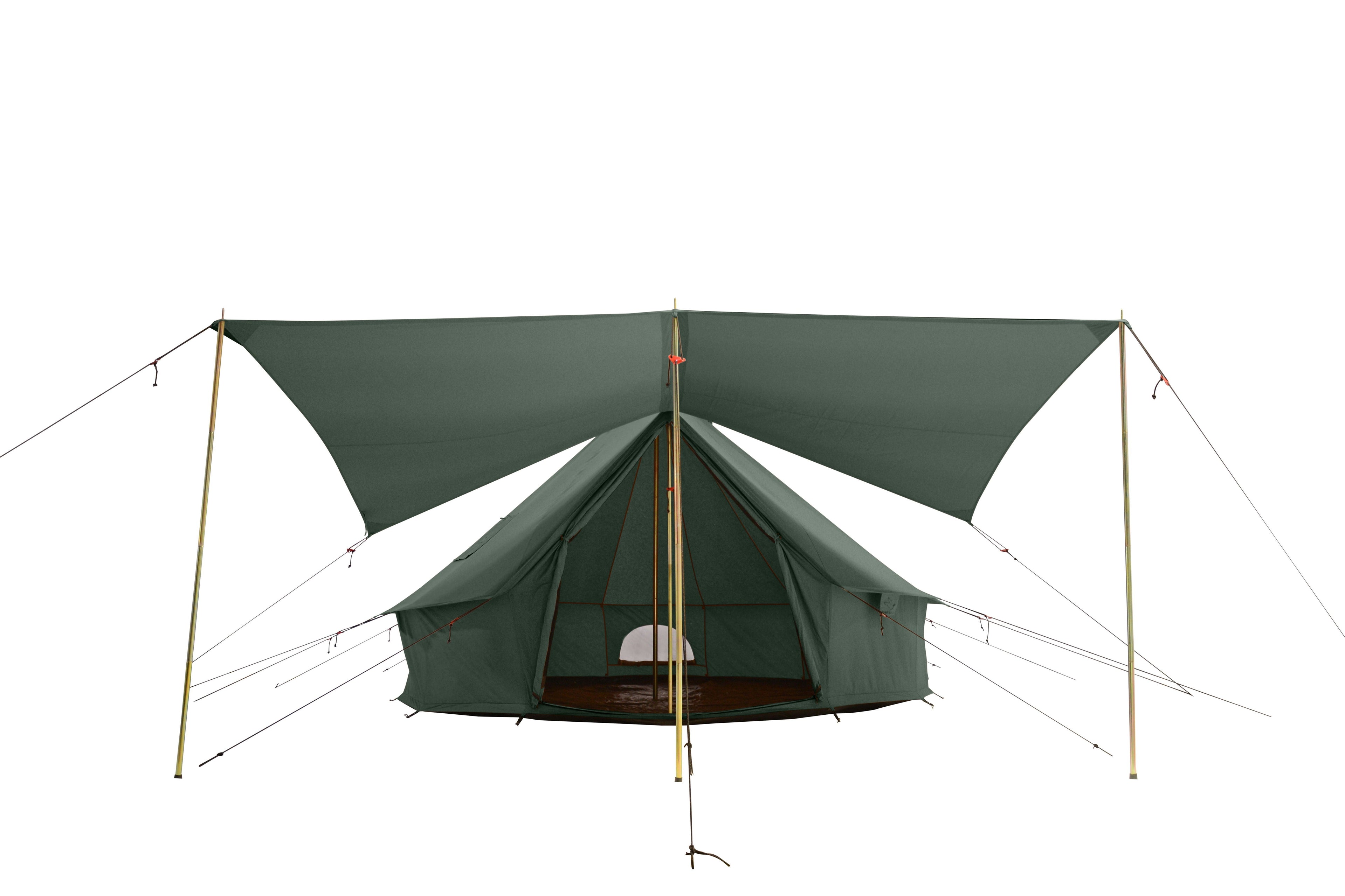 Forest-green White Duck Outdoors Bell tent awning fully opened, showcasing a spacious outdoor shelter for camping and outdoor adventures.