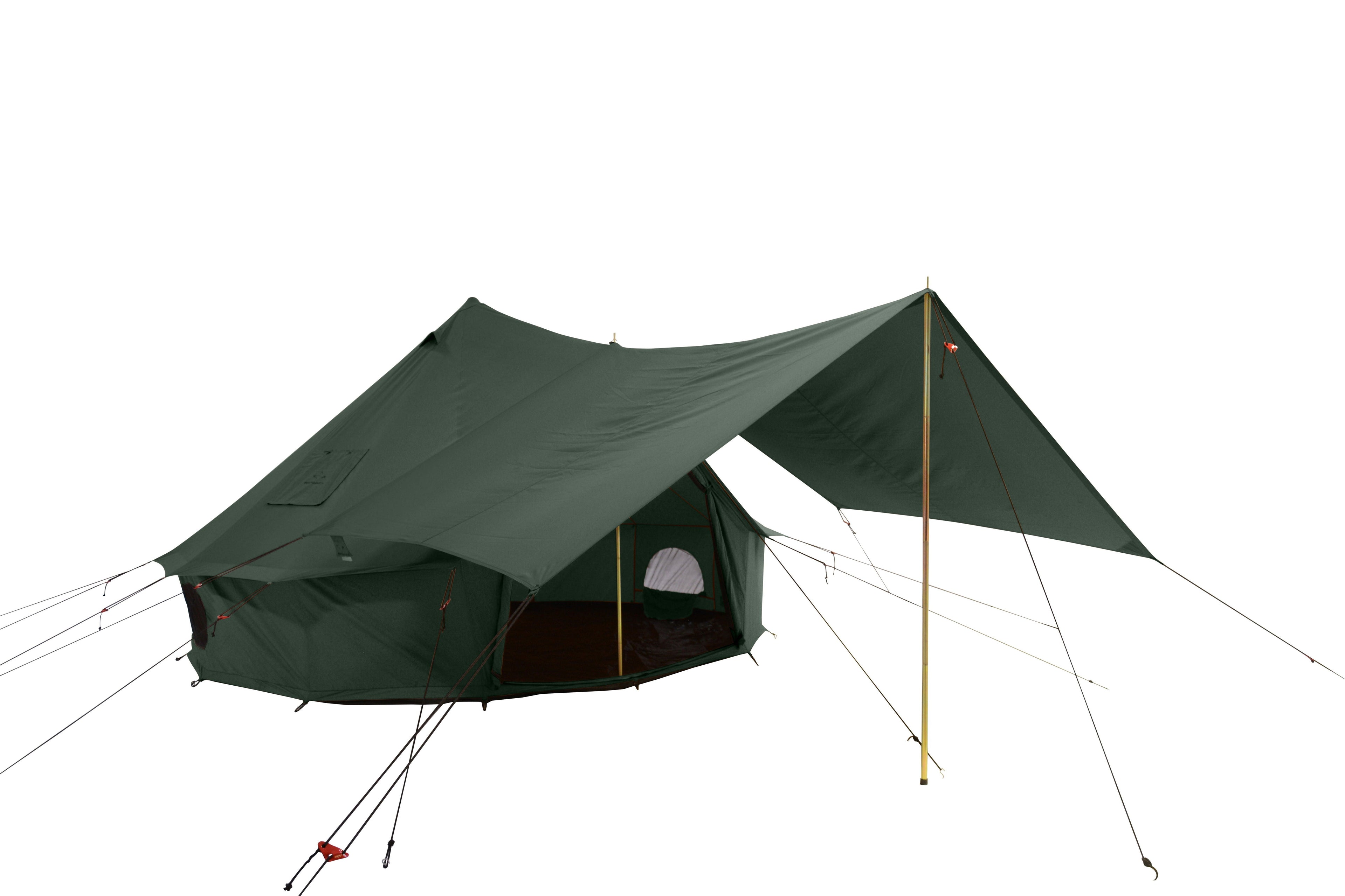 Forest-green White Duck Outdoors Regatta bell tent awning set up beside a bell tent in a forest setting.