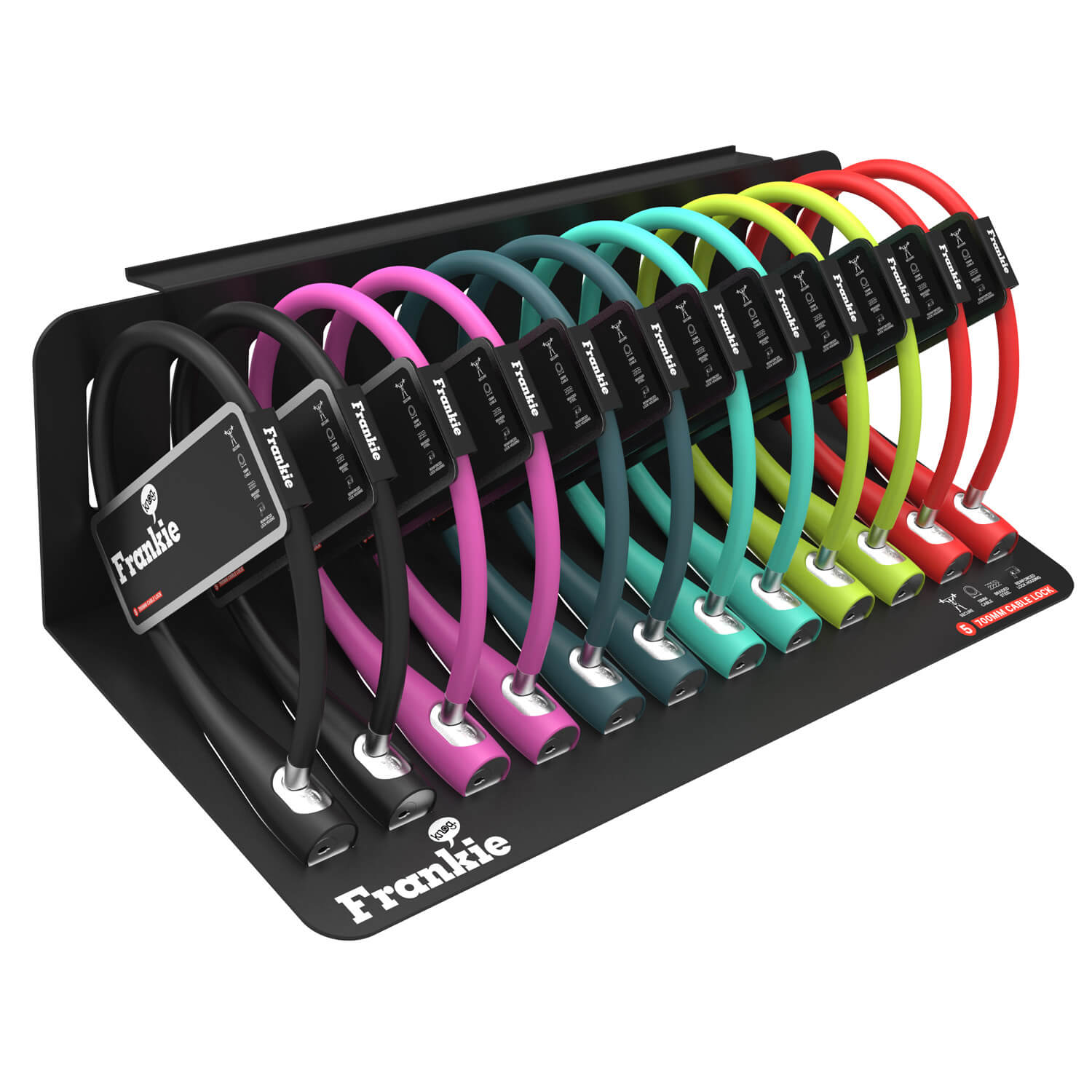 Knog Frankie Cable Lock display with 12 colorful cable locks, showing various lengths and vibrant colors for bike security.