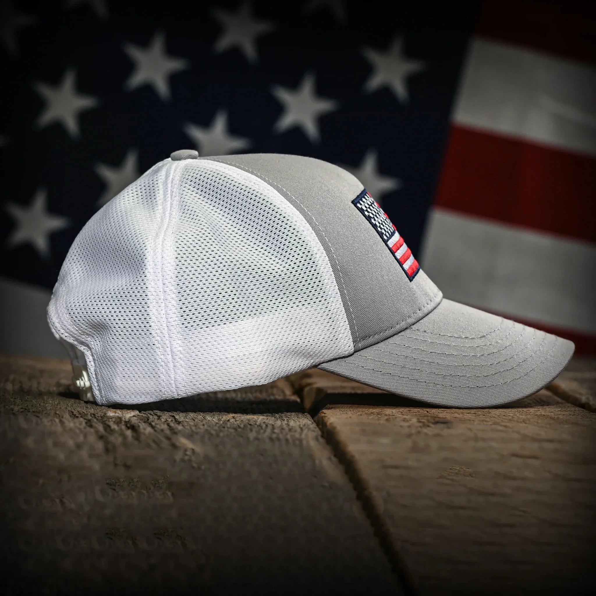 Freedom Fatigues Gray & White Mesh-Back American Flag Trucker Hat - OVERLANDERS Outfitter