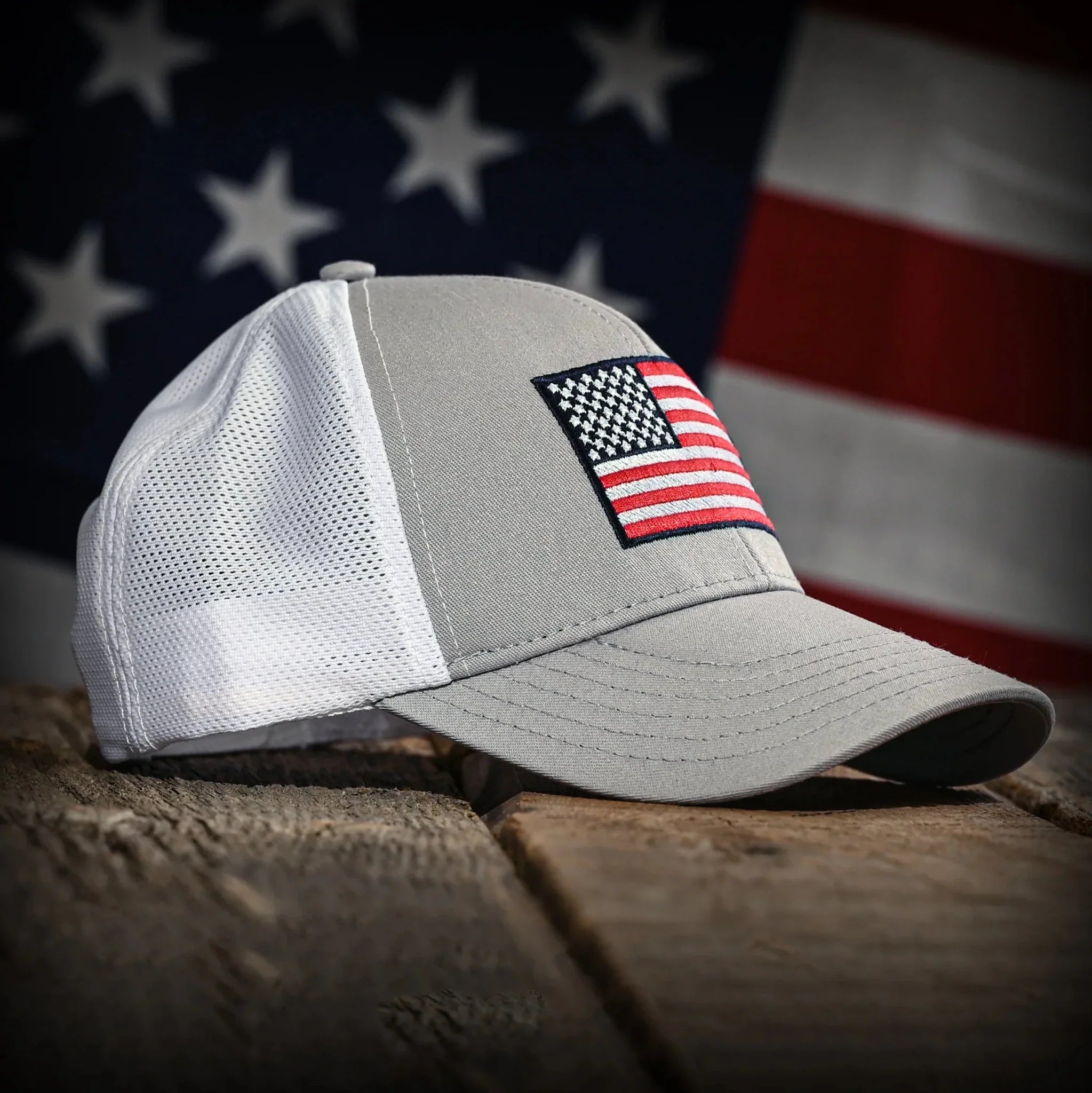Freedom Fatigues Gray & White Mesh-Back American Flag Trucker Hat - OVERLANDERS Outfitter