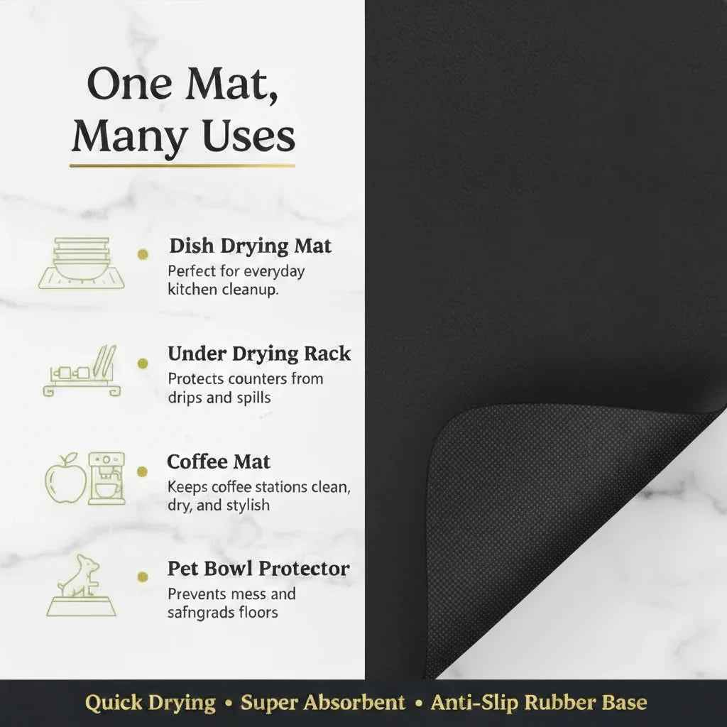 Strabella Dish Drying Mat in black, super absorbent, quick-dry design with a non-slip surface for kitchen use.
