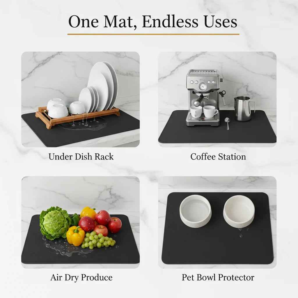 Strabella Dish Drying Mat in black, featuring super absorbent fabric and a non-slip surface for drying dishes effectively.