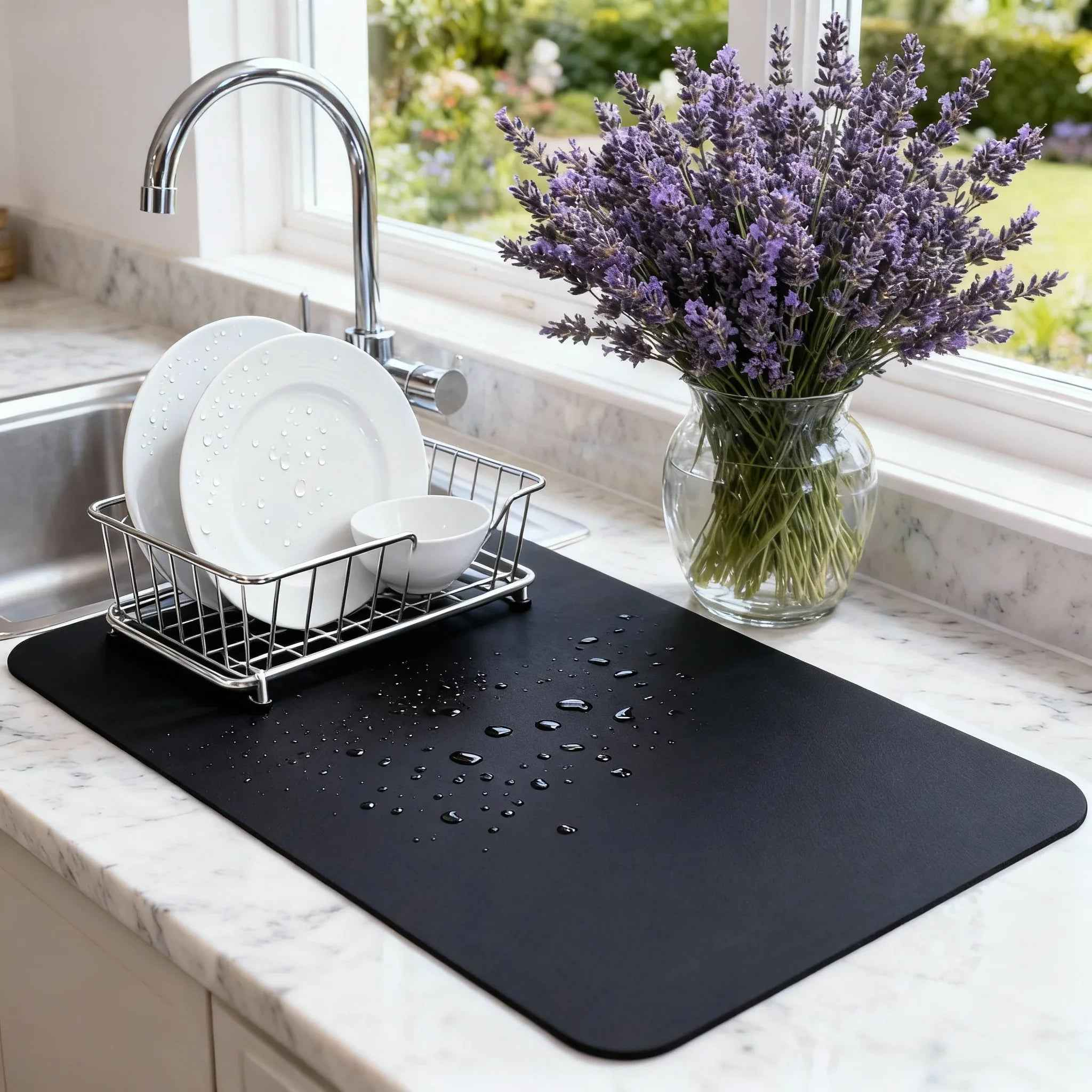 Strabella Dish Drying Mat in black, super absorbent and quick dry, measuring 26x16 inches, non-slip surface.