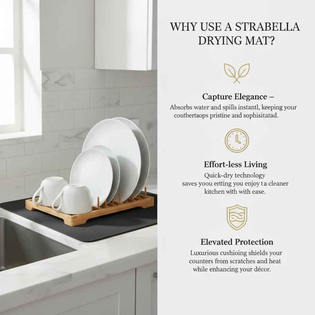 Strabella dish drying mat in black, featuring a super absorbent, quick dry, non-slip surface on a kitchen countertop.