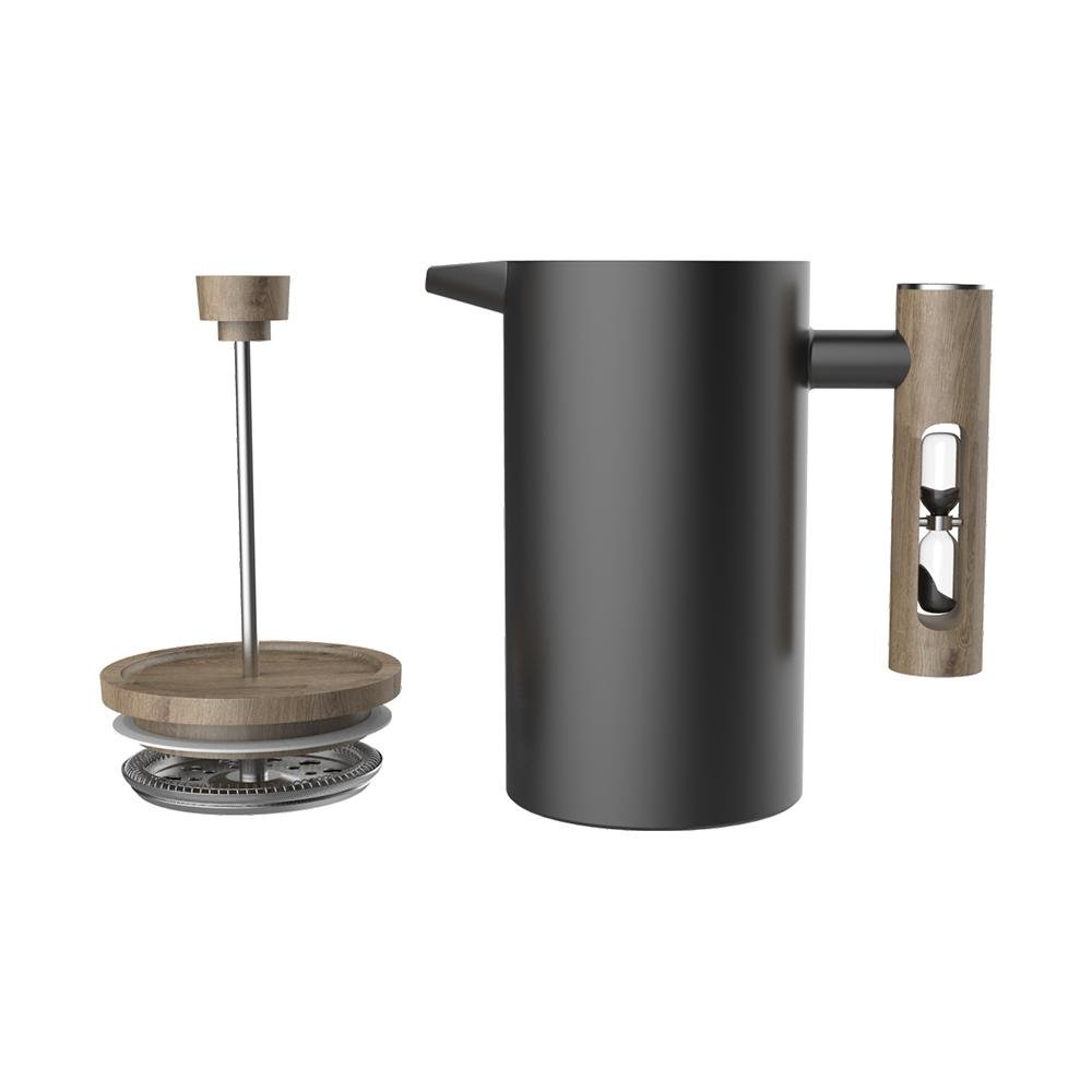 Black stainless steel French press with built-in timer by Tea + Linen, featuring a sleek design for brewing coffee or tea.