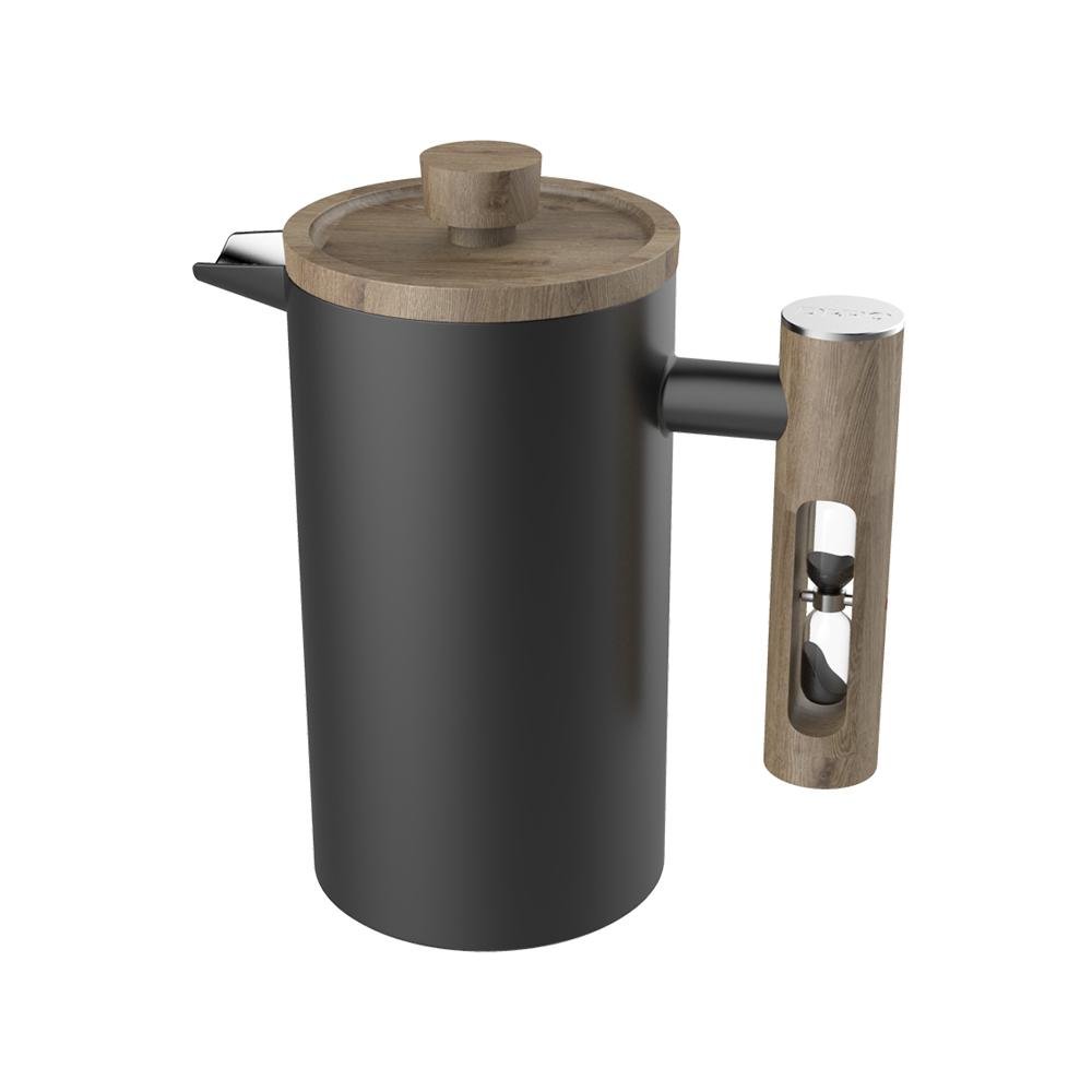 Black stainless steel French press with built-in timer from Tea + Linen, showcasing the sleek design and brewing mechanism.