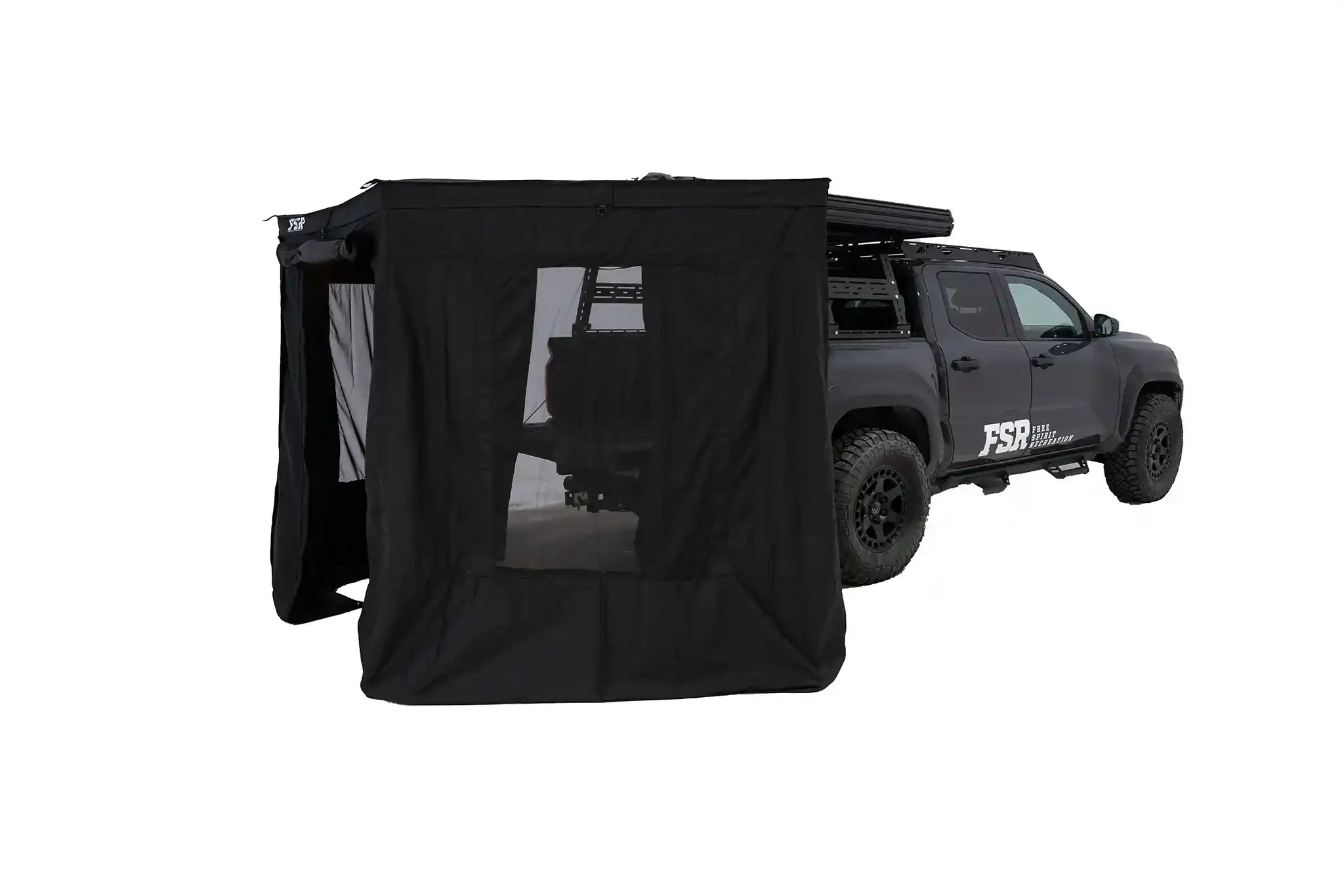 Freespirit Recreation 180 Tailgate Awning Walls with open door and window panels, designed as durable awning accessories for camping.