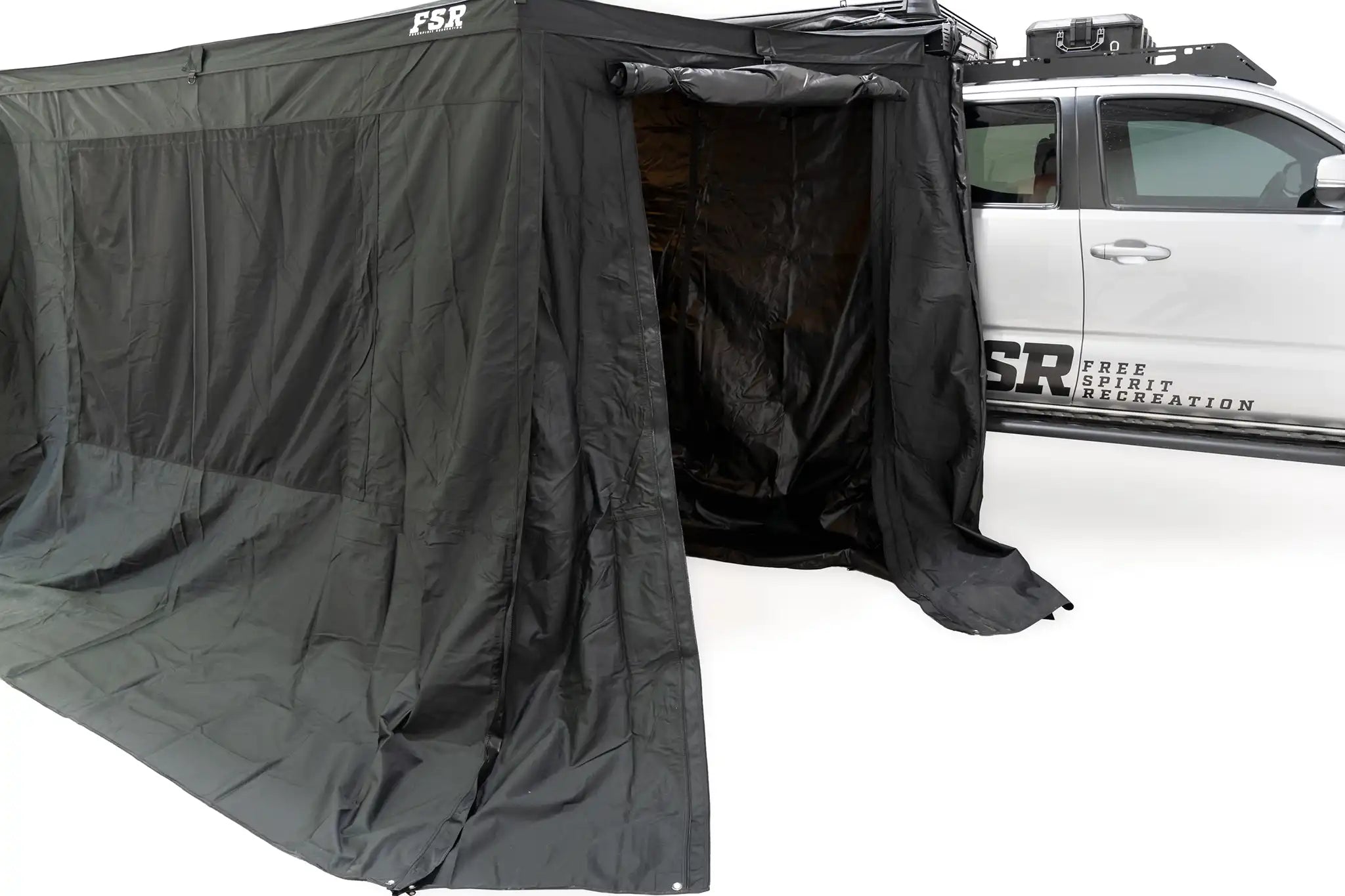 Freespirit Recreation 270 Awning Walls (V2) with door open, showing the design and fabric of the awning accessory.