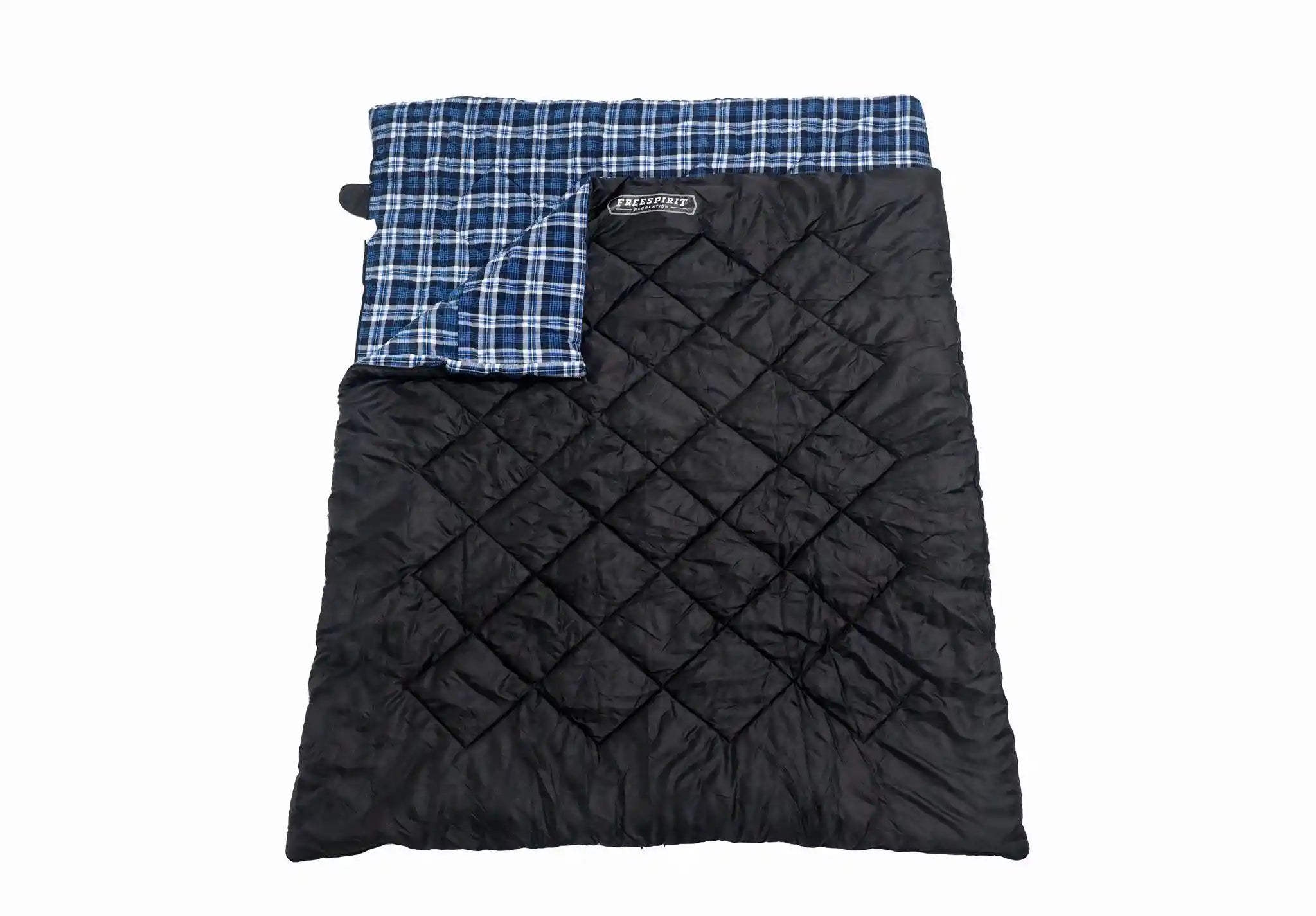 Freespirit Recreation sleeping bag designed for camping, suitable for couples, shown in a rooftop tent setting.