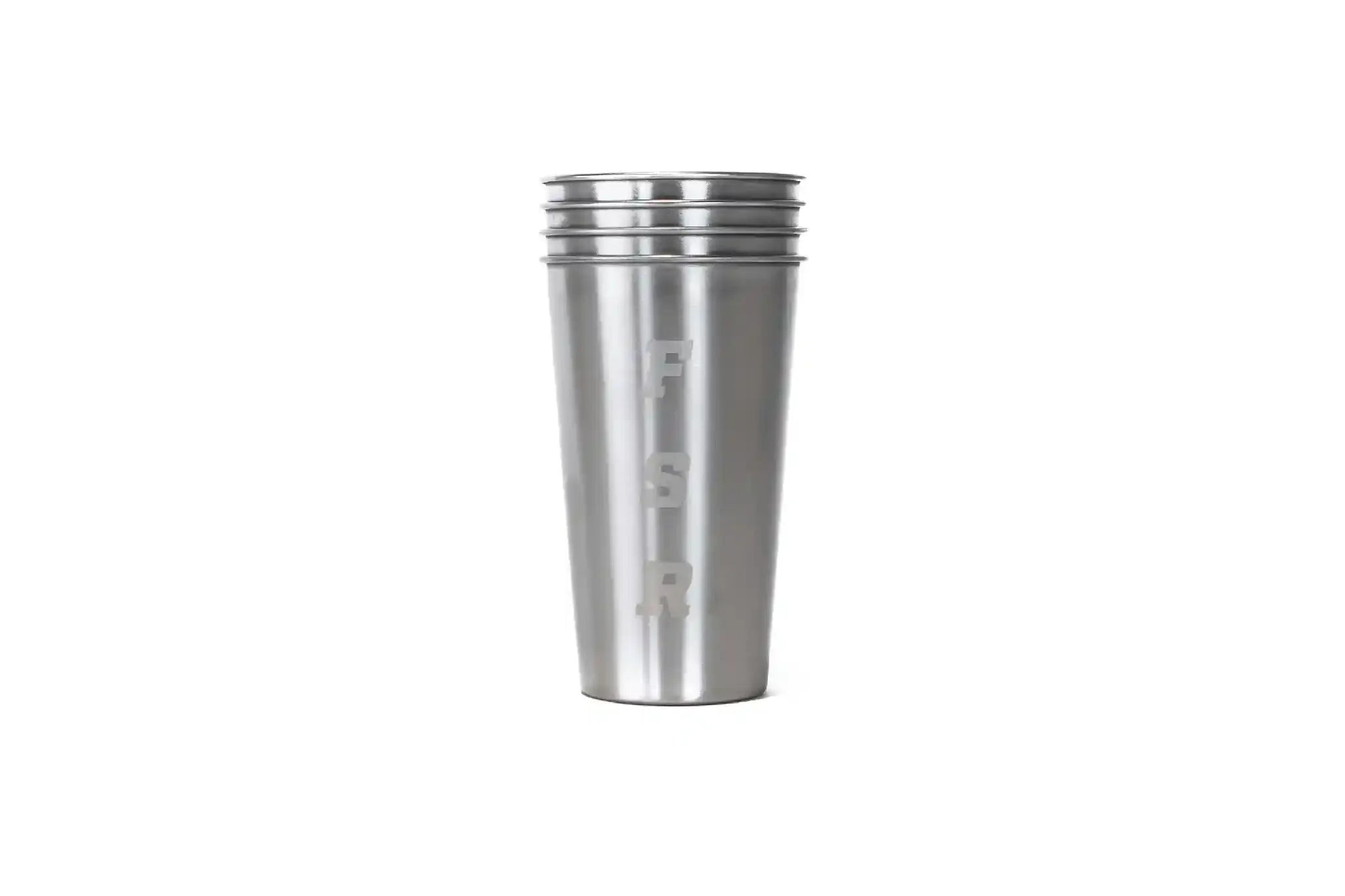 Set of four stainless steel 16oz cups by Freespirit Recreation, stackable kitchenware ideal for camping and outdoor use.