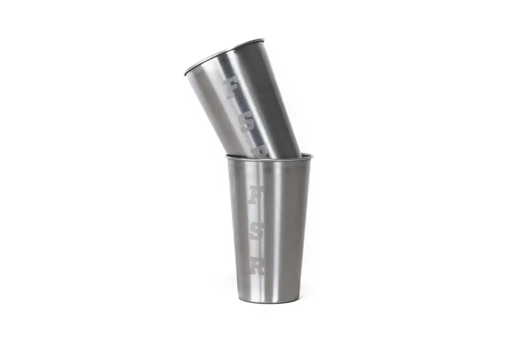 Set of four stainless steel 16oz cups by Freespirit Recreation, durable kitchenware for camping and outdoor use.