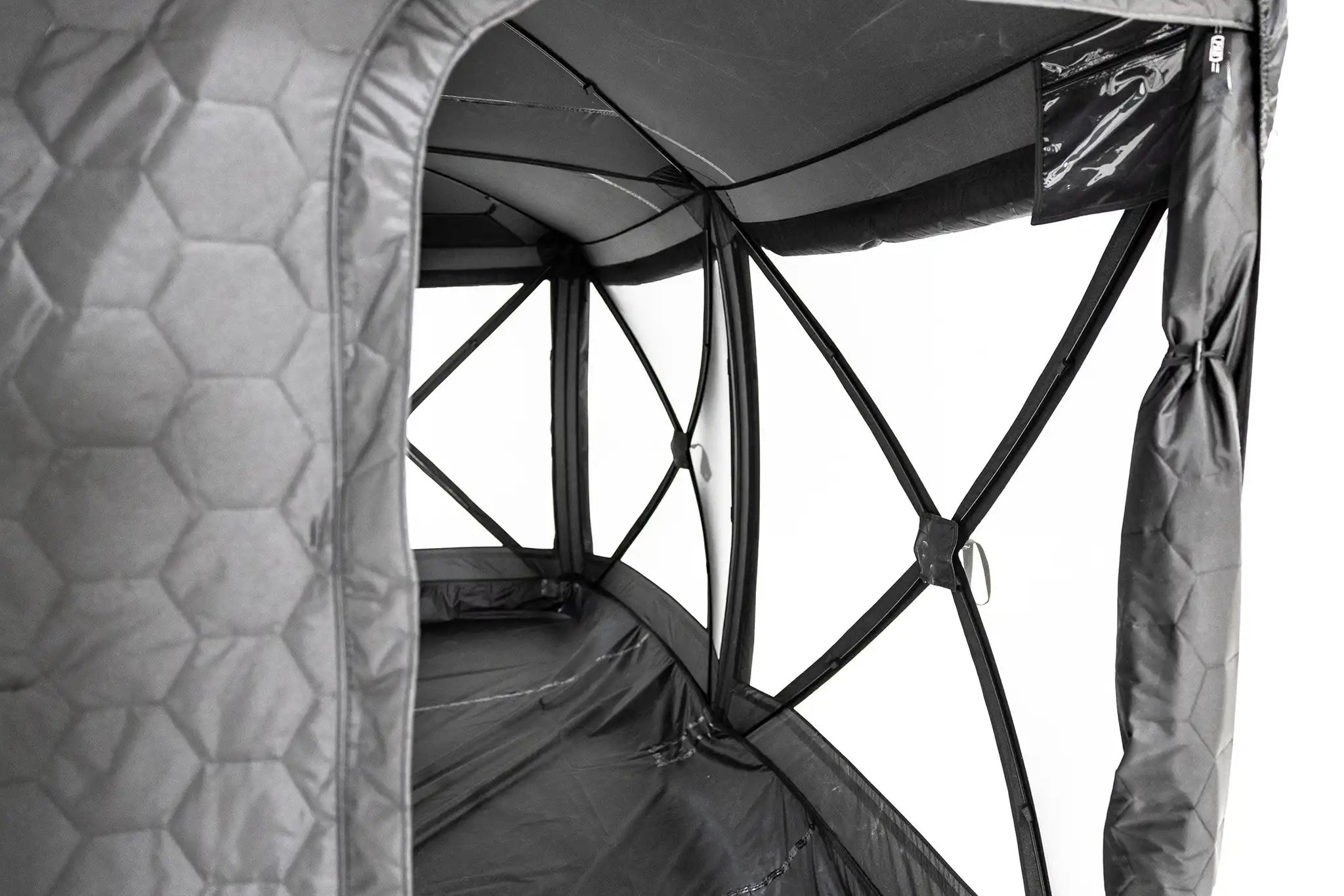 Interior view of the Freespirit Recreation Hub 4 Double Tent showcasing spacious layout and sleeping areas.