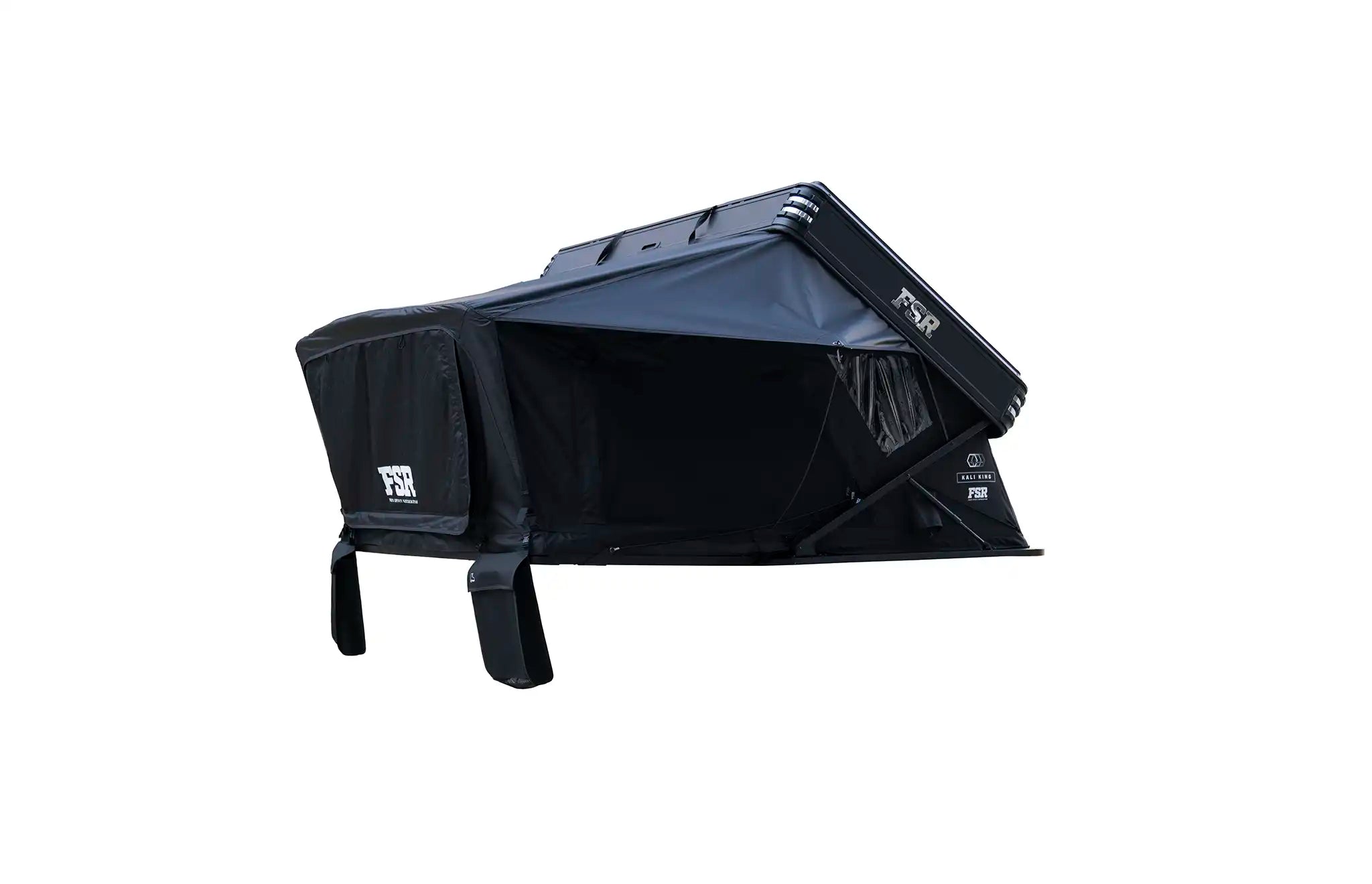 Open Freespirit Recreation Kali King rooftop tent set up on a vehicle, featuring a spacious interior and durable outdoor fabric.