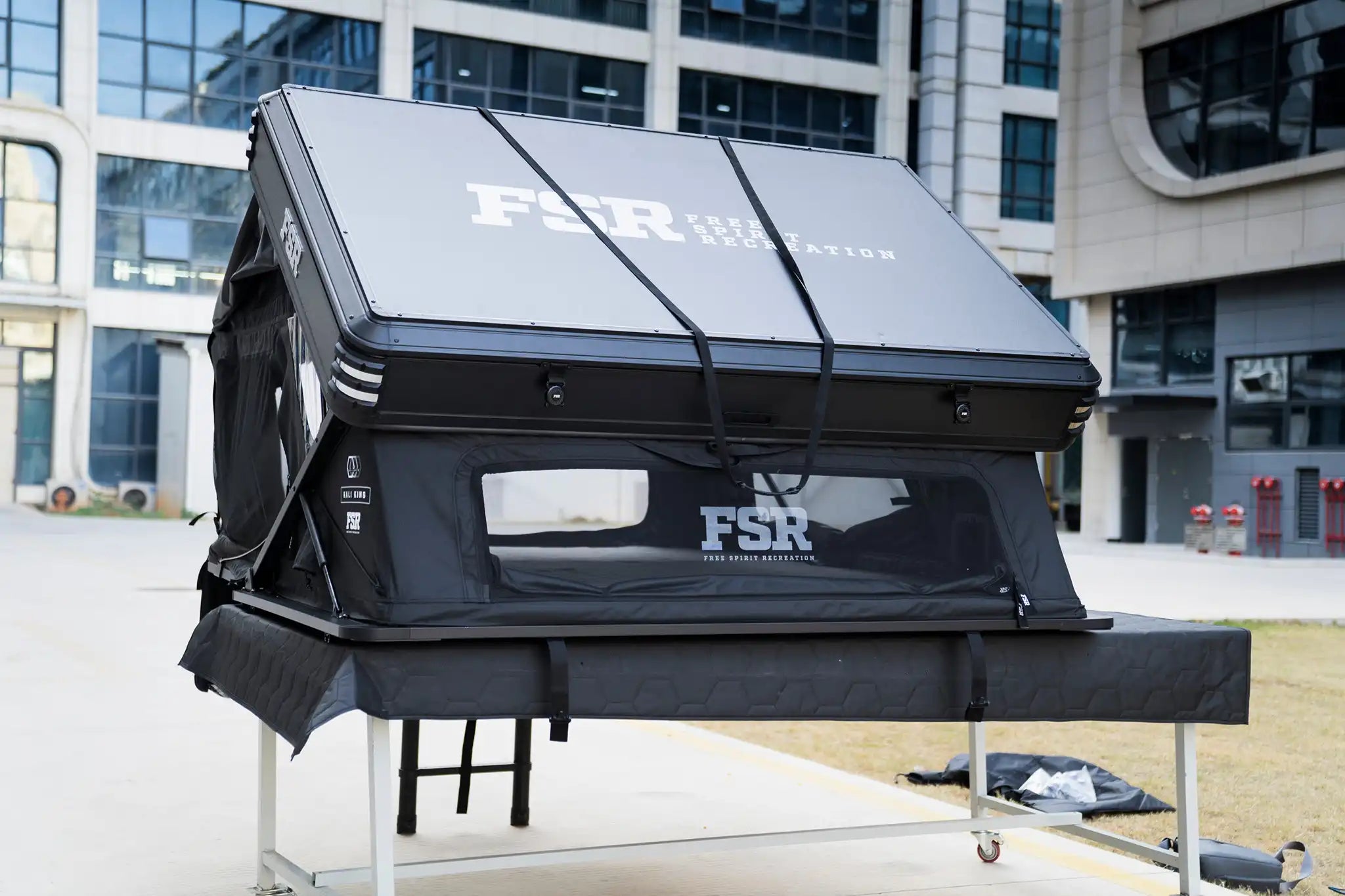 Freespirit Recreation Kali King rooftop tent with rear opening, featuring a spacious design and durable fabric for outdoor camping.