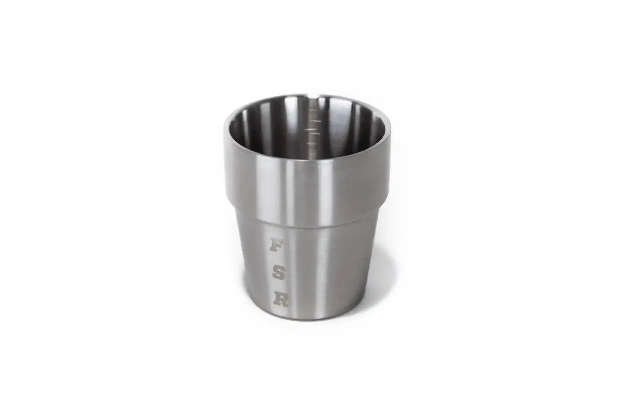 Set of four stainless steel whiskey cups with interior glass lining by Freespirit Recreation, ideal for kitchen or bar use.