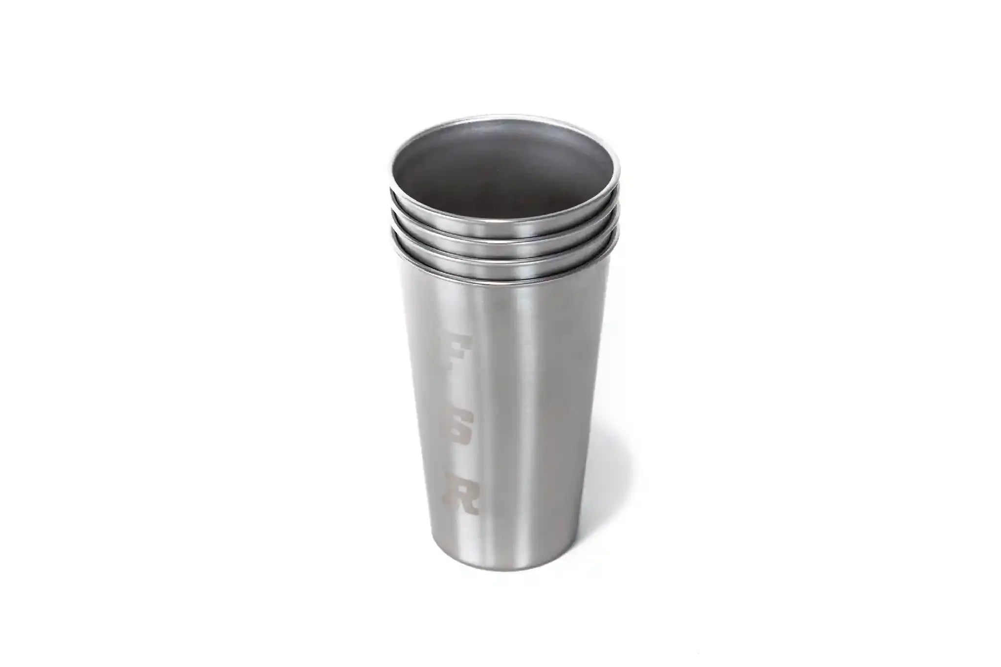 Set of four Freespirit Recreation stainless steel 16oz cups, nesting kitchenware for beverages and outdoor use.