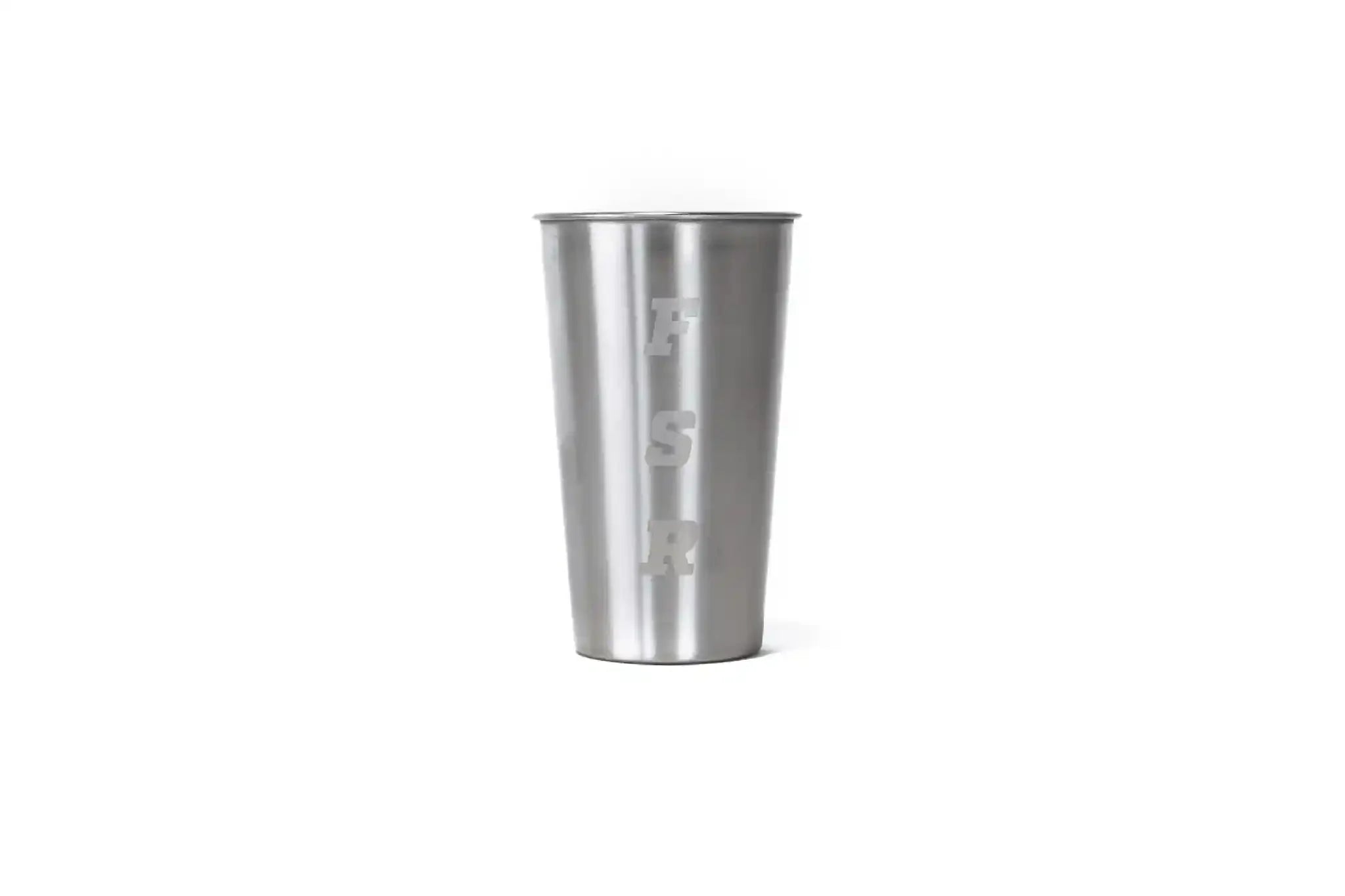 Set of four Freespirit Recreation stainless steel 16oz cups, nesting for storage, ideal for camping and outdoor kitchen use.