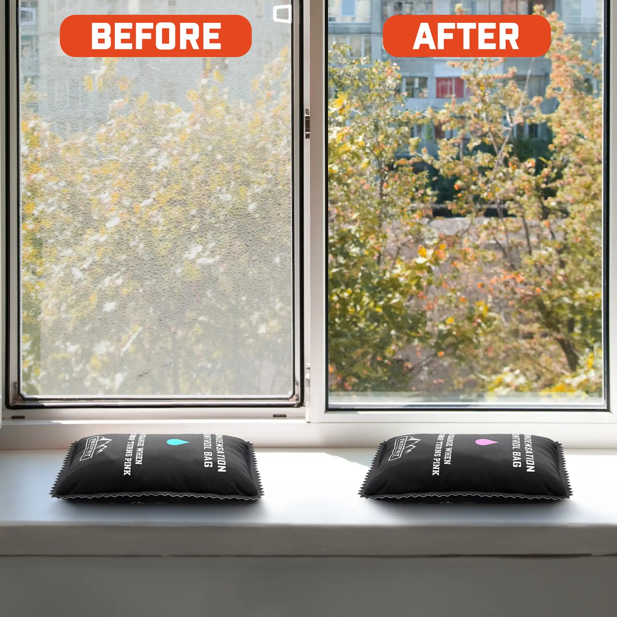 Freespirit Recreation rooftop tent dehumidifier bag shown in before and after comparison for moisture control.