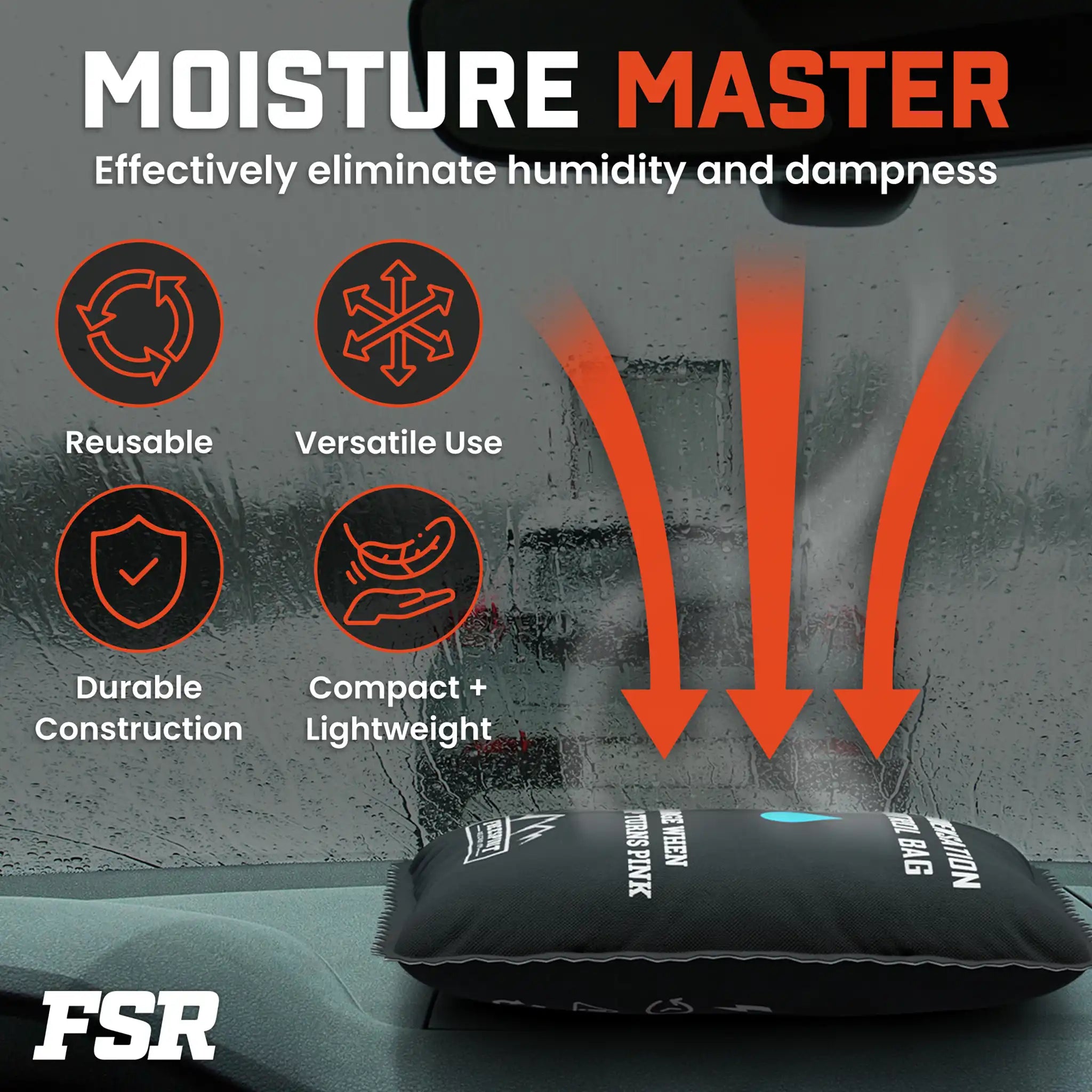 Freespirit Recreation rooftop tent dehumidifier bag with infographic, showcasing moisture absorption features and usage instructions.