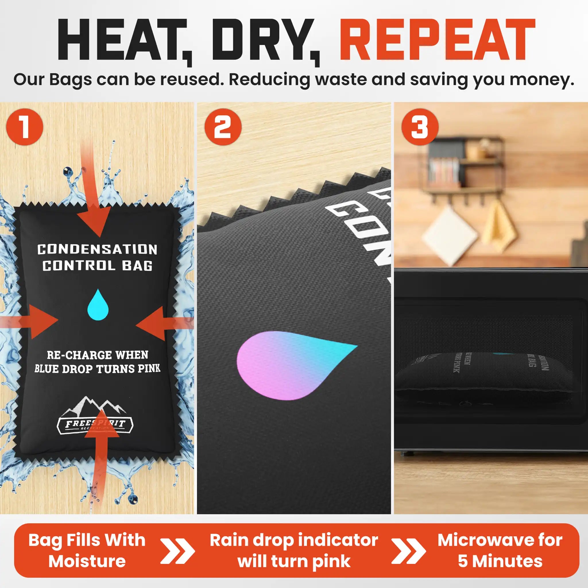 Freespirit Recreation rooftop tent dehumidifier bag with instructions for use, ideal for moisture control in tents.