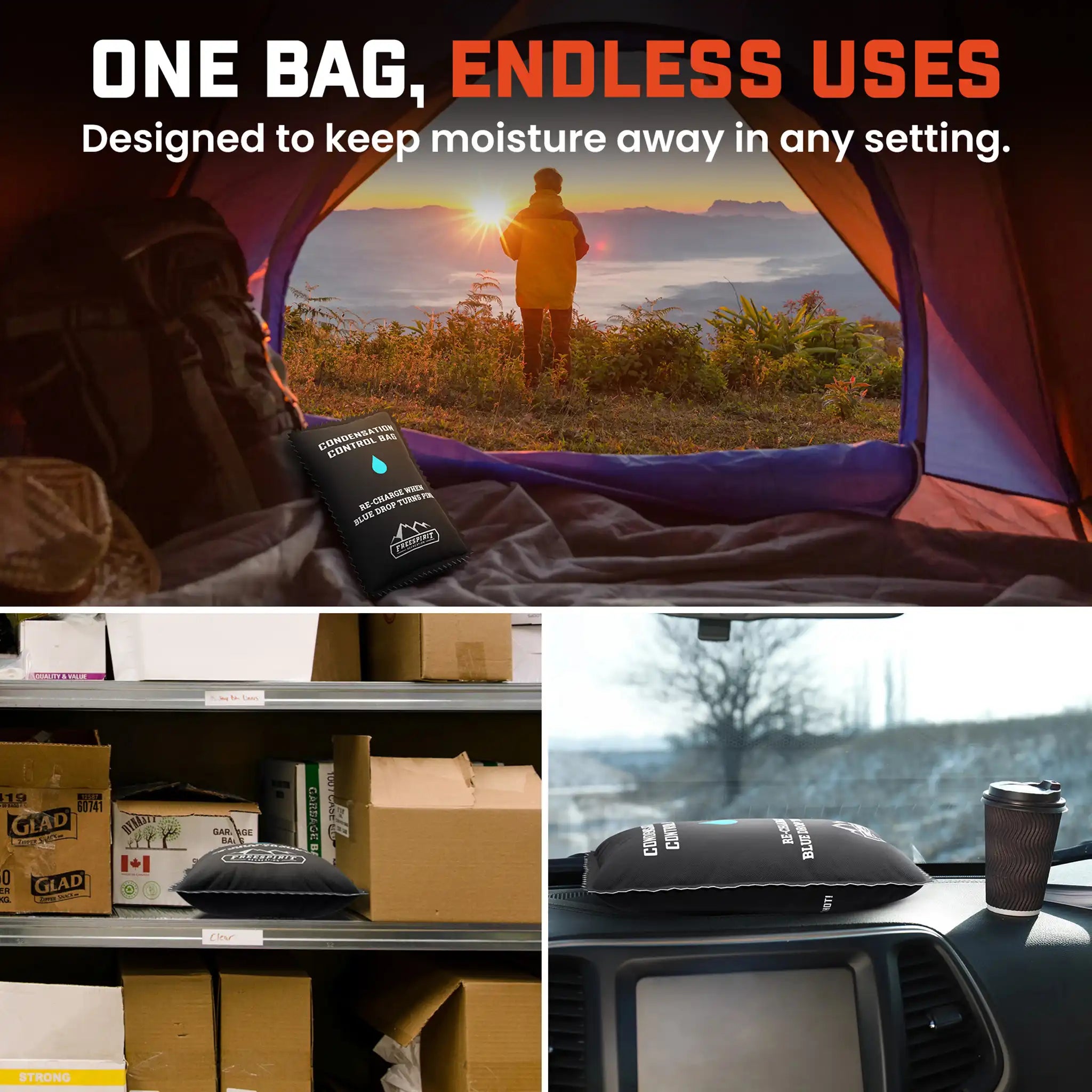 Freespirit Recreation rooftop tent dehumidifier bag for condensation control, ideal for camping and outdoor adventures.
