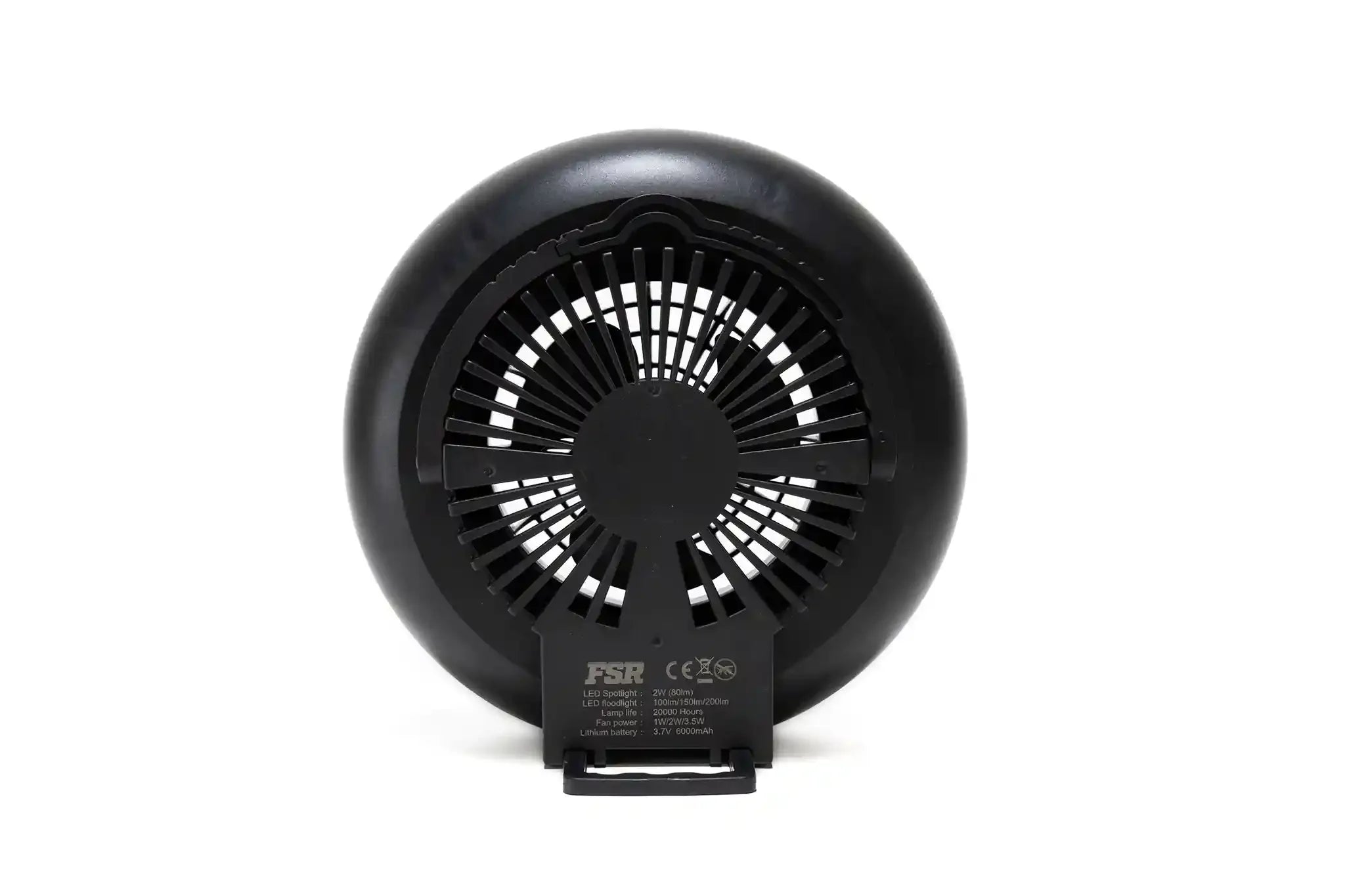Freespirit Recreation rooftop tent LED fan lamp providing bright lighting inside the tent, mounted on the ceiling.