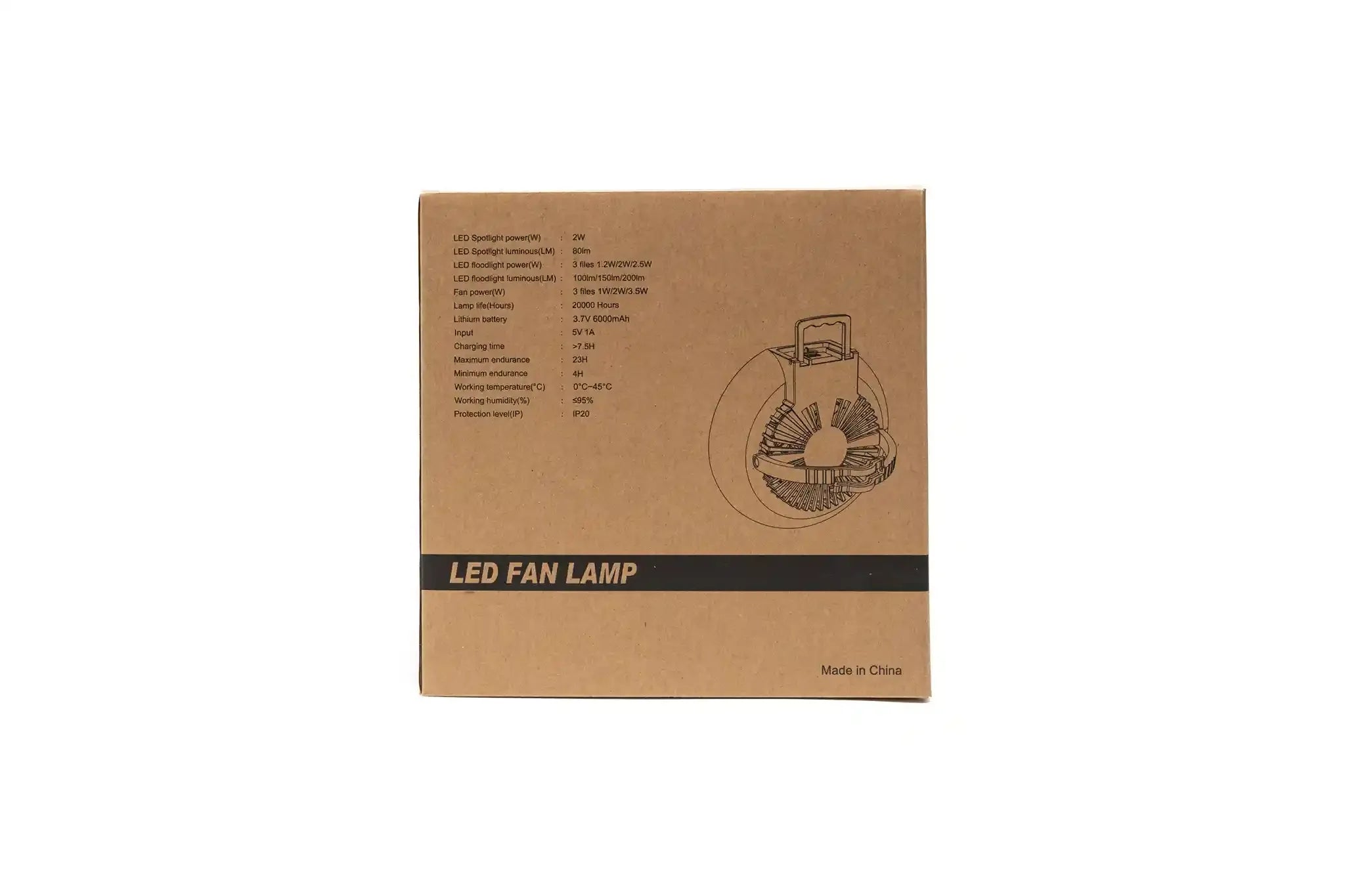 Freespirit Recreation LED Fan Lamp in packaging, compact lighting device designed for rooftop tents and outdoor camping.