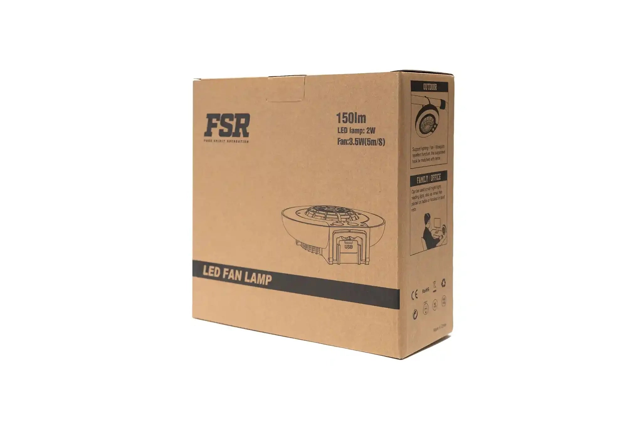 Freespirit Recreation LED Fan Lamp packaging showing the lighting device designed for rooftop tents and outdoor use.